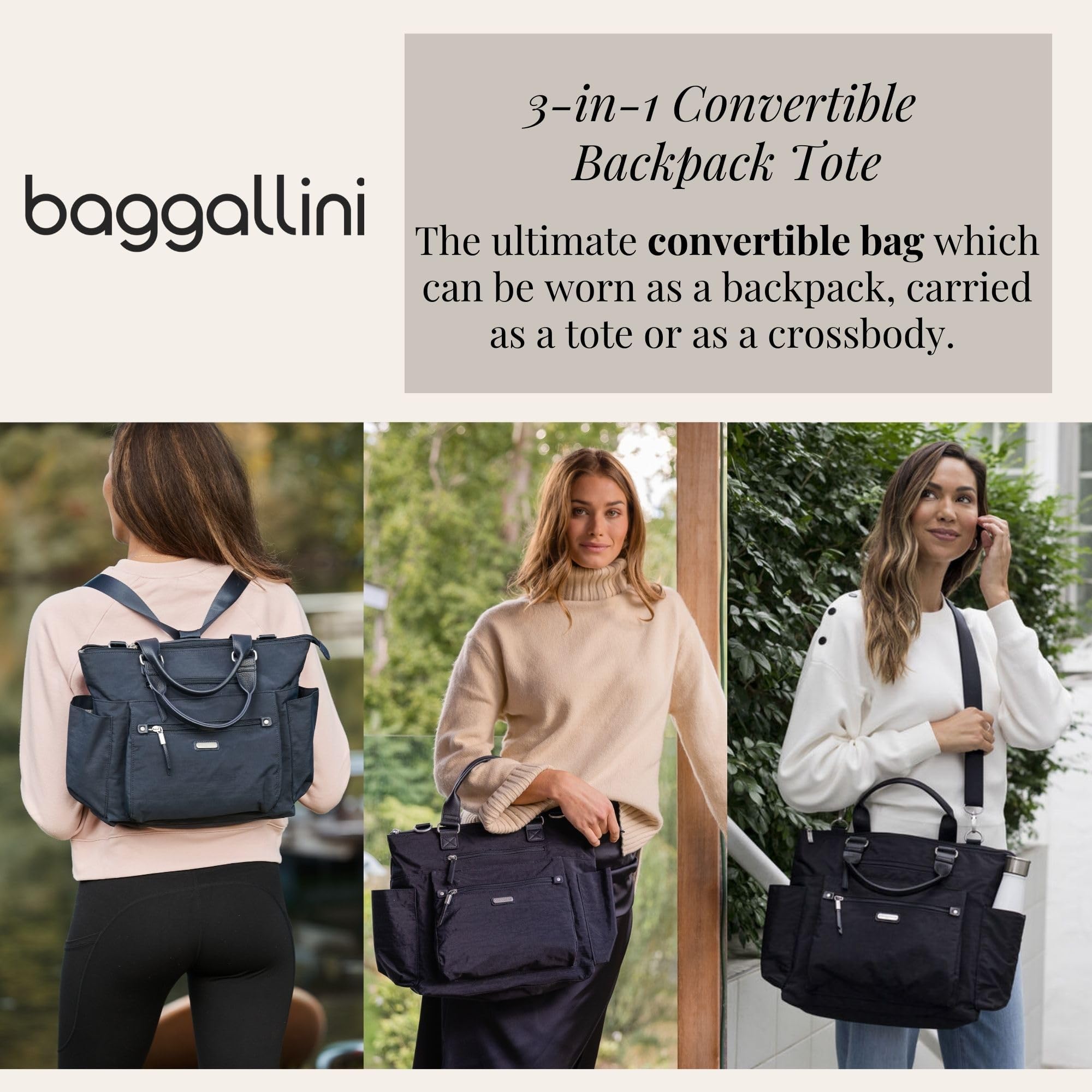 3-in-1 Convertible Backpack Tote Handbag - 15x12" Lightweight Travel Bag w/ RFID Phone Wristlet - Image 2