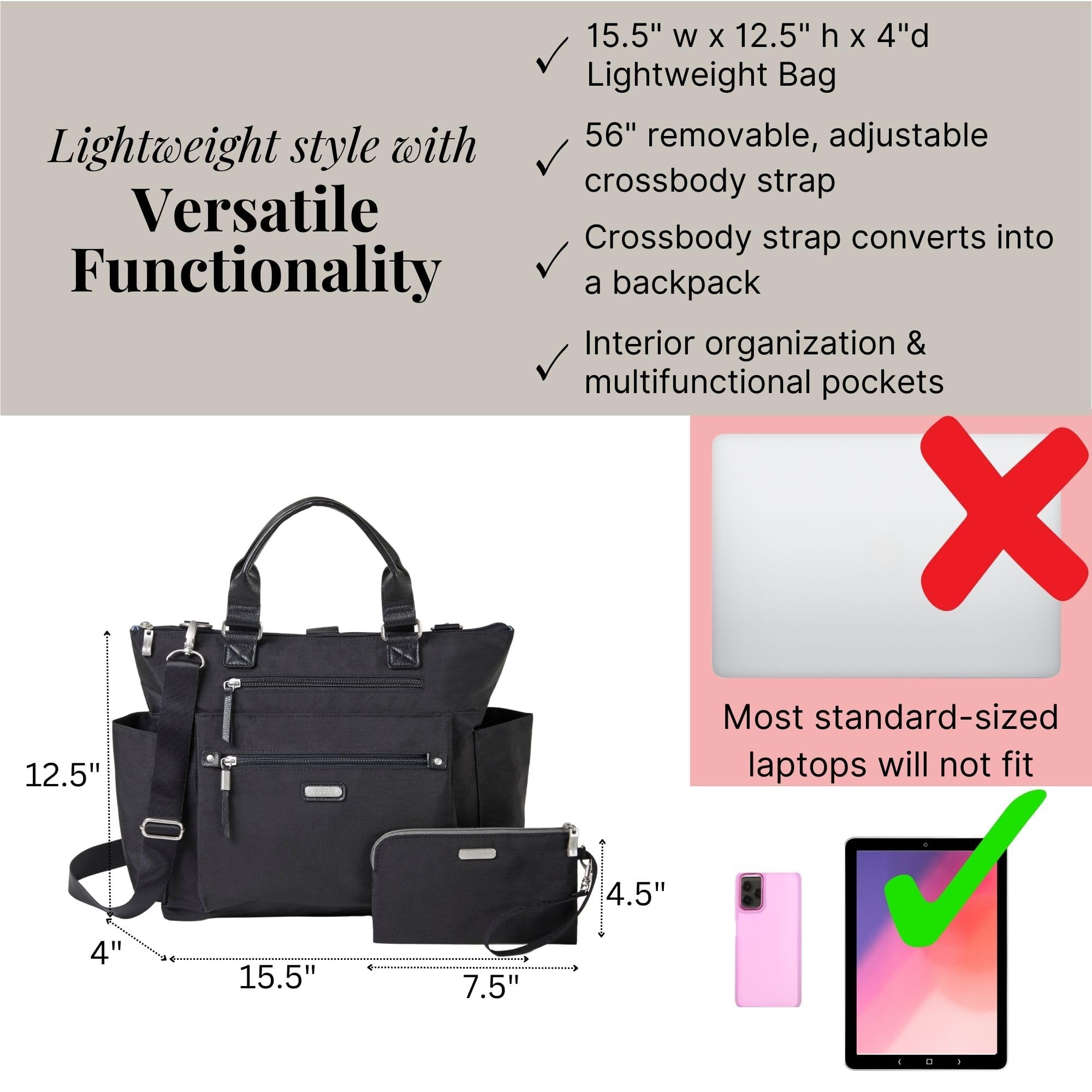 3-in-1 Convertible Backpack Tote Handbag - 15x12" Lightweight Travel Bag w/ RFID Phone Wristlet - Image 4