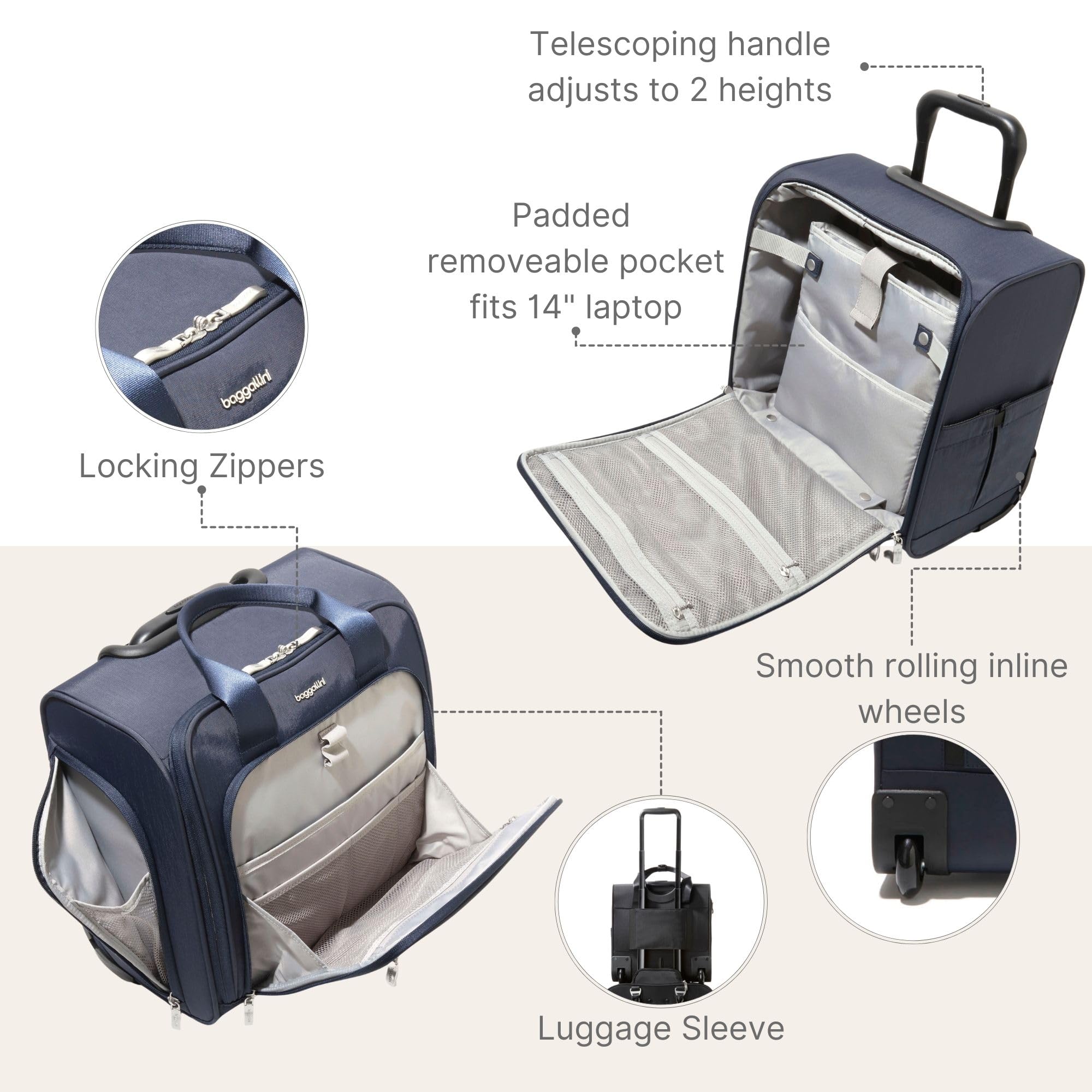 Baggallini 2 Wheel Underseater Carry-On - Lightweight Travel Weekender Luggage - Image 3