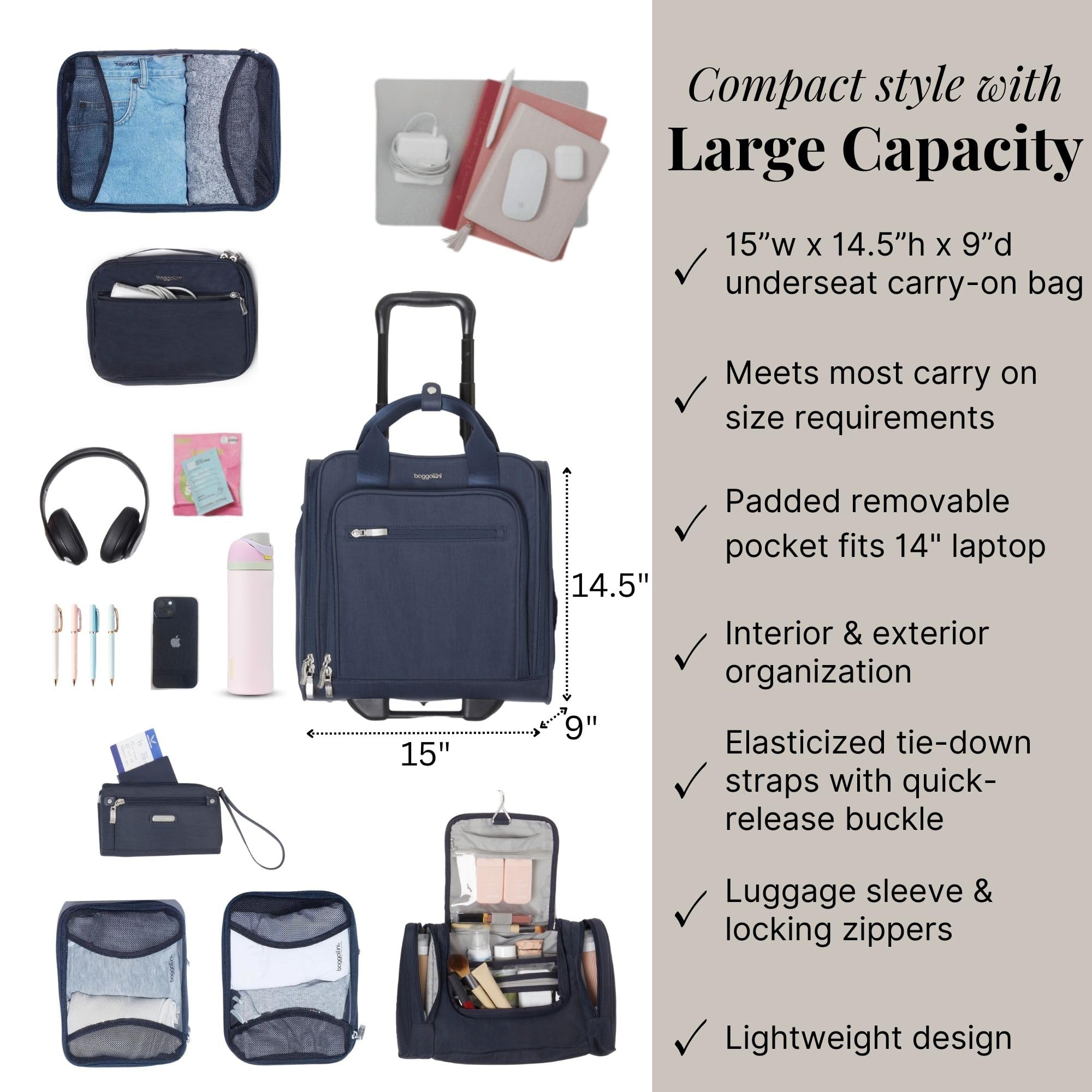 Baggallini 2 Wheel Underseater Carry-On - Lightweight Travel Weekender Luggage - Image 4