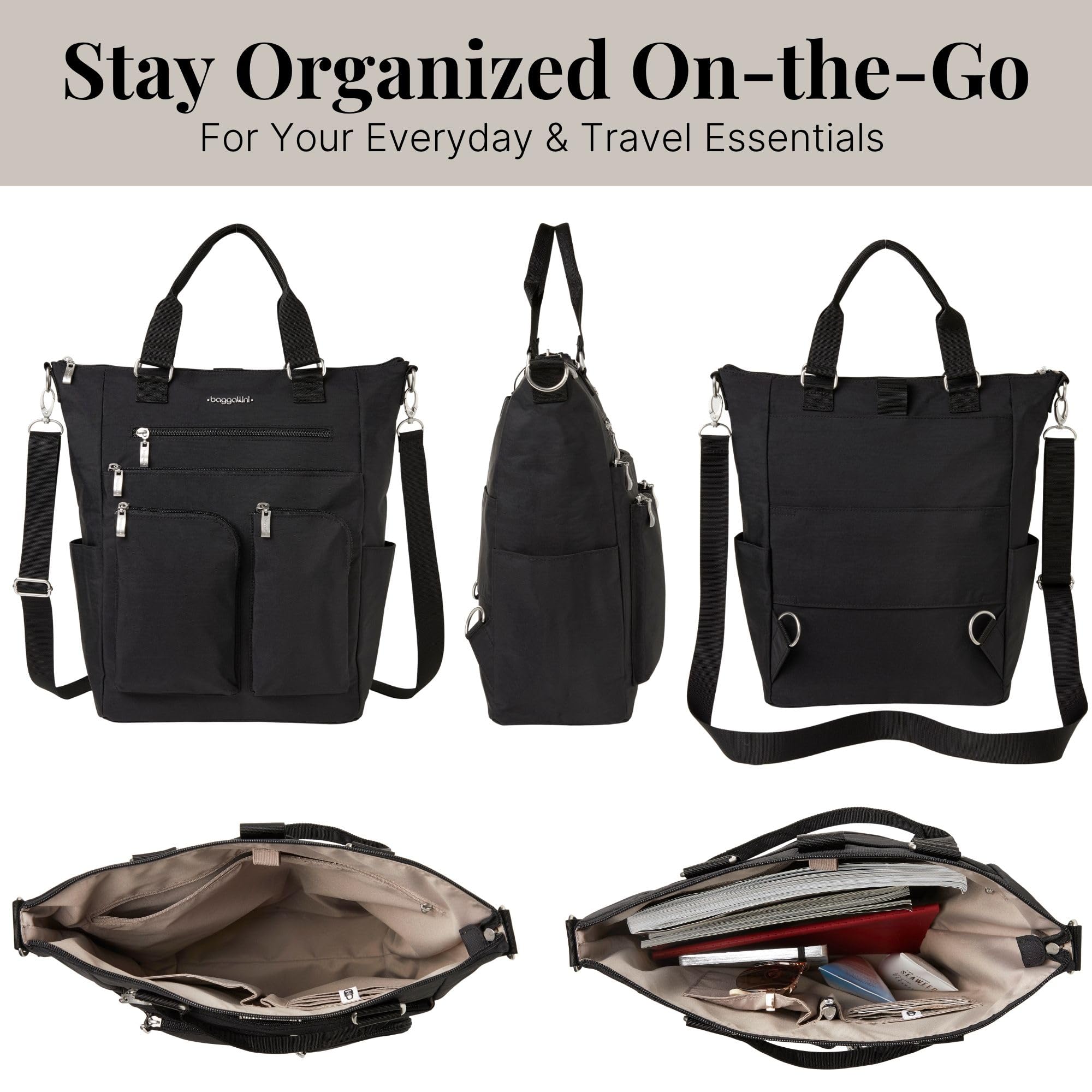 Baggallini All Set 3 in 1 Tote Backpack - 15"x10.5" Lightweight Travel Bag w/RFID Phone Wristlet - Image 6