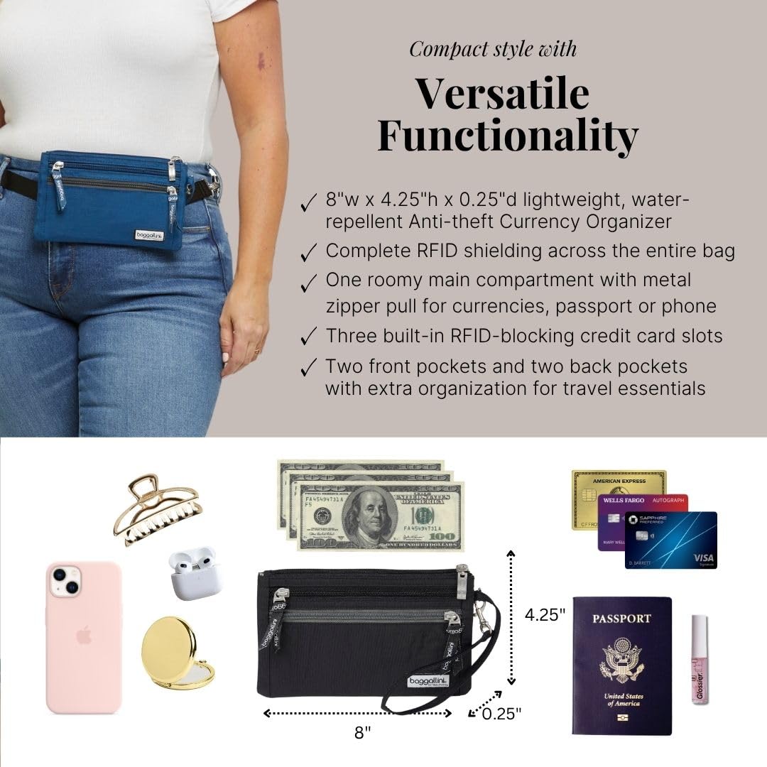 Baggallini Anti-theft RFID Currency Organizer 8"x4.25" Travel Accessory Passport Holder Money Belt Wallet w/Card Slots - Image 5