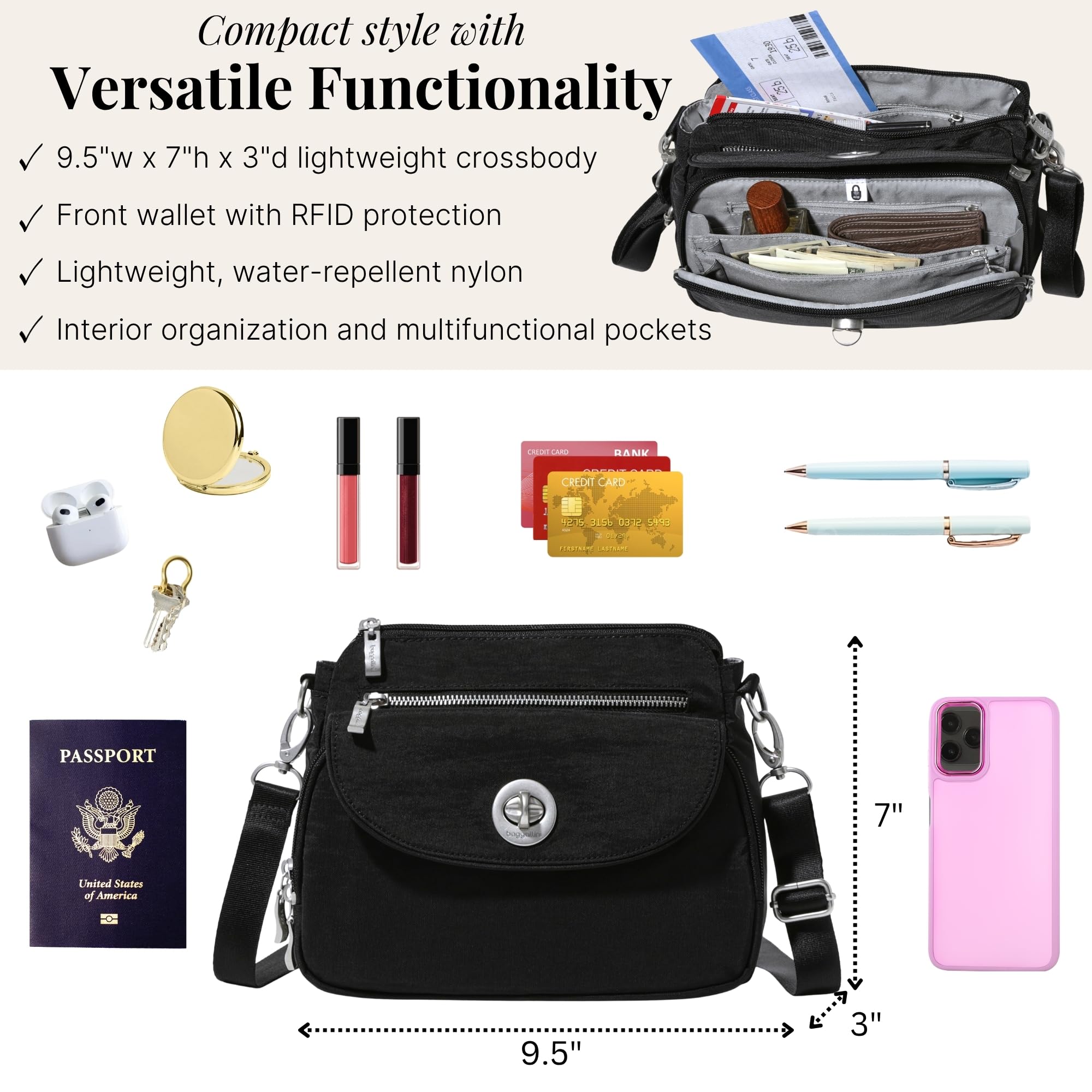 Baggallini Calais Crossbody Bags for Women 10x7 Lightweight Water-Resistant Travel Purse, RFID & Interior Organization - Image 6