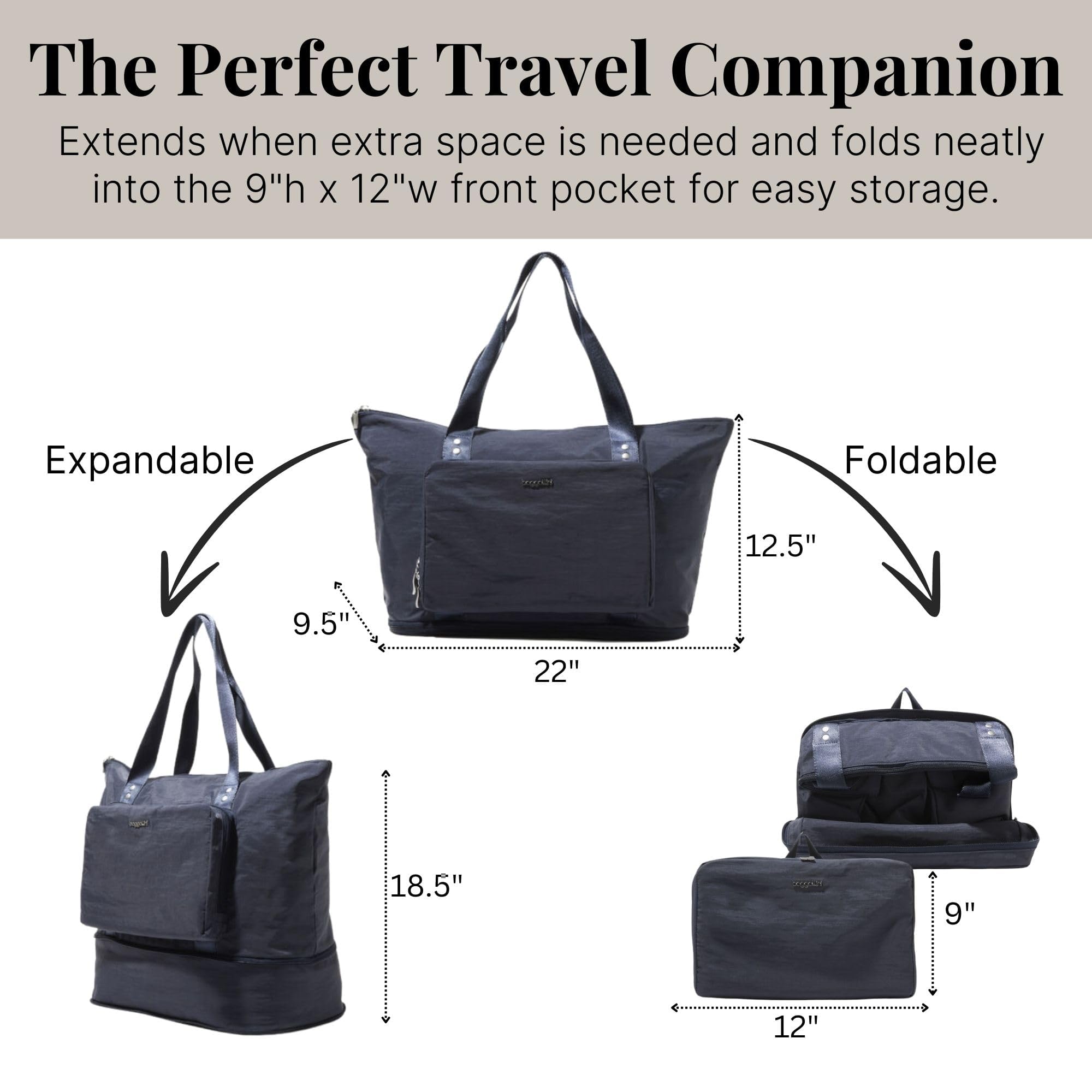 Baggallini Carryall Expandable Lightweight Travel Tote 22" Packable Folding Compact Nylon Washable Weekender w/Luggage Sleeve - Image 3