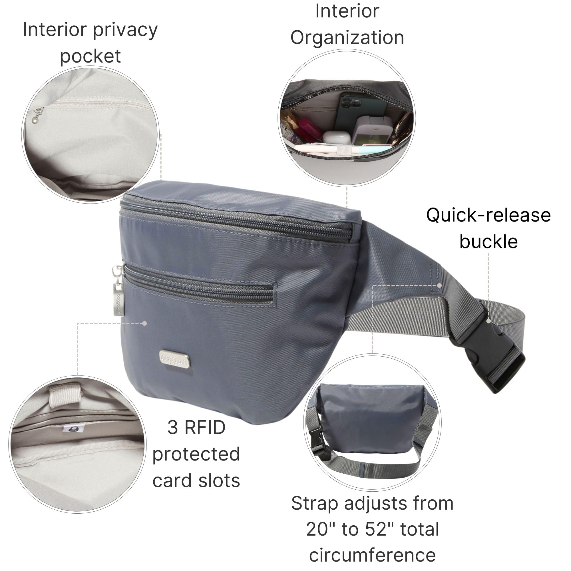 Baggallini Essential Belt Bag - 19x6" Crossbody Fanny Pack Waist Pack w/RFID & Adjustable Strap - Image 2