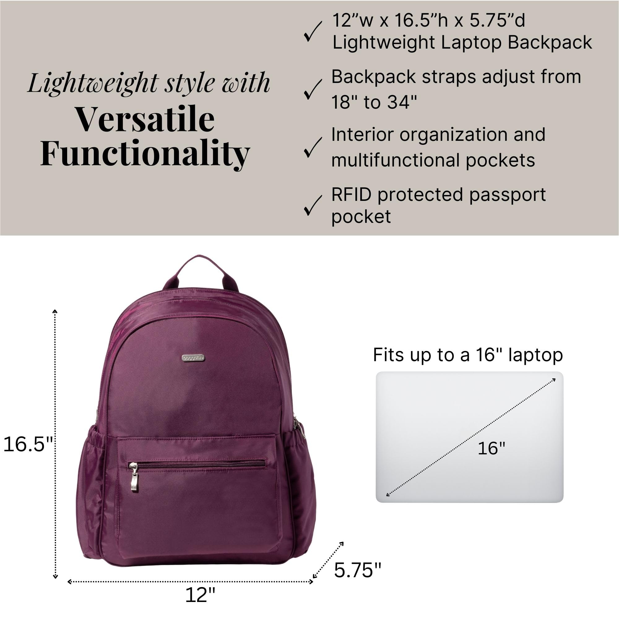 Baggallini Essential Laptop Backpack - 16x12 Inch Travel Backpack with 16" Laptop Sleeve - Lightweight Luggage Backpack - Image 3