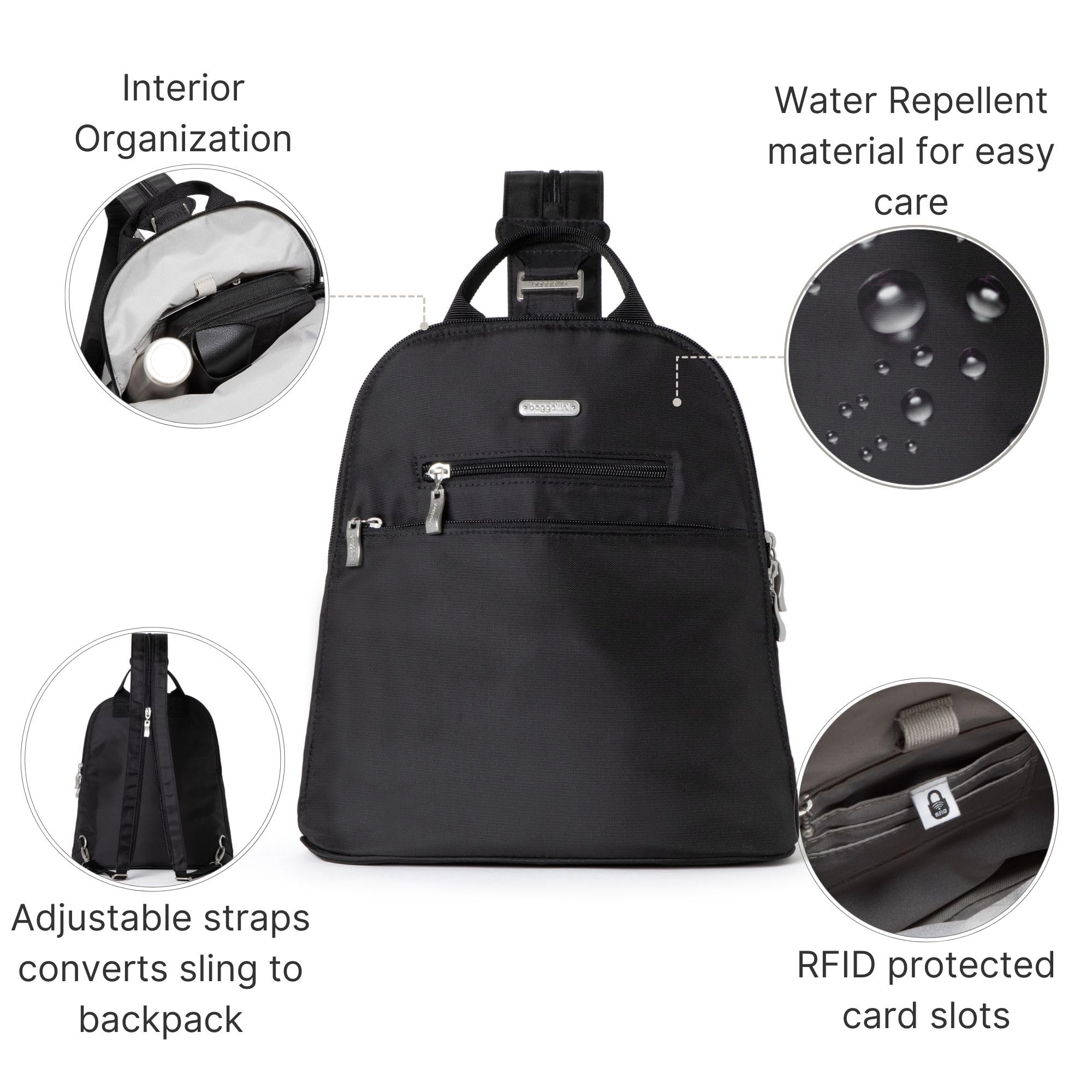 Baggallini Essential Mini Backpack Purse for Women - Built-in RFID Card Holder - Convertible Sling Bag with Adjustable Shoulder Strap - Image 3