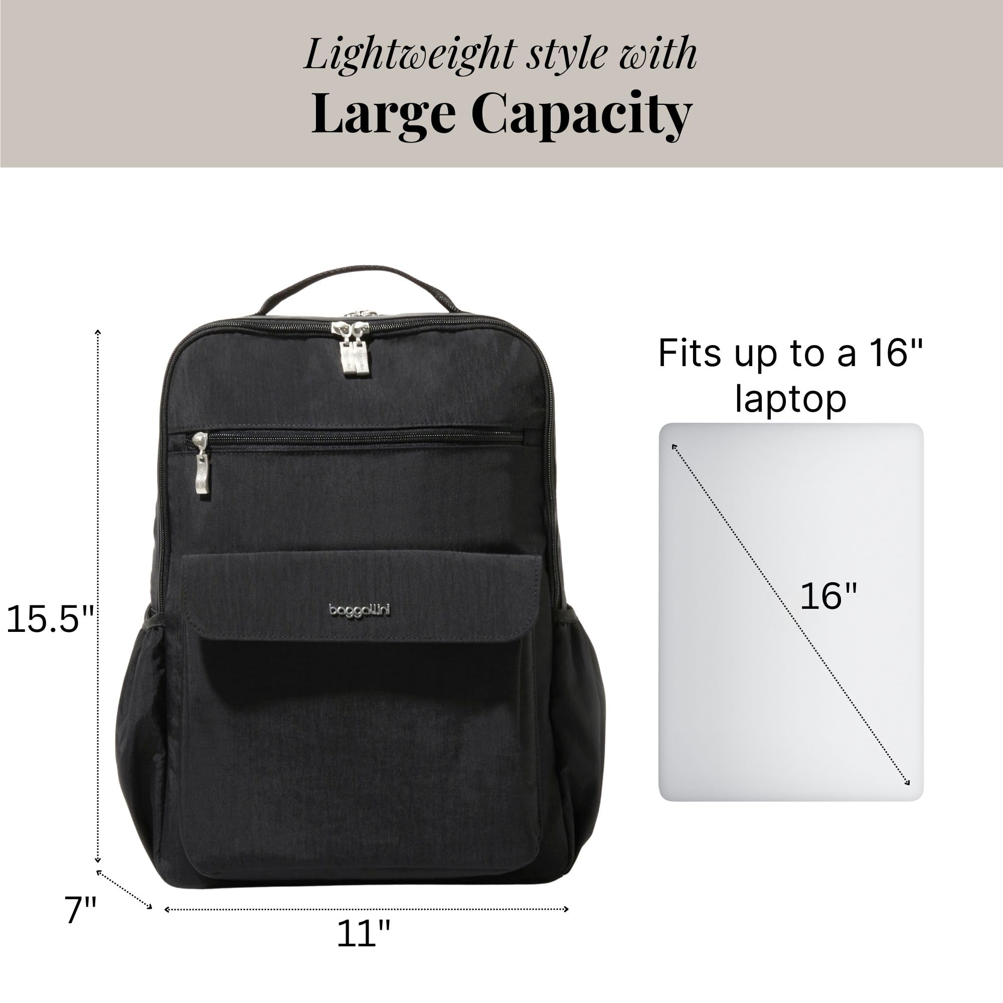 Baggallini Everyday Laptop Backpack - 11x15.5 Lightweight Water-Repellent Nylon Travel Bag w/Padded Laptop Sleeve & RFID - Image 4