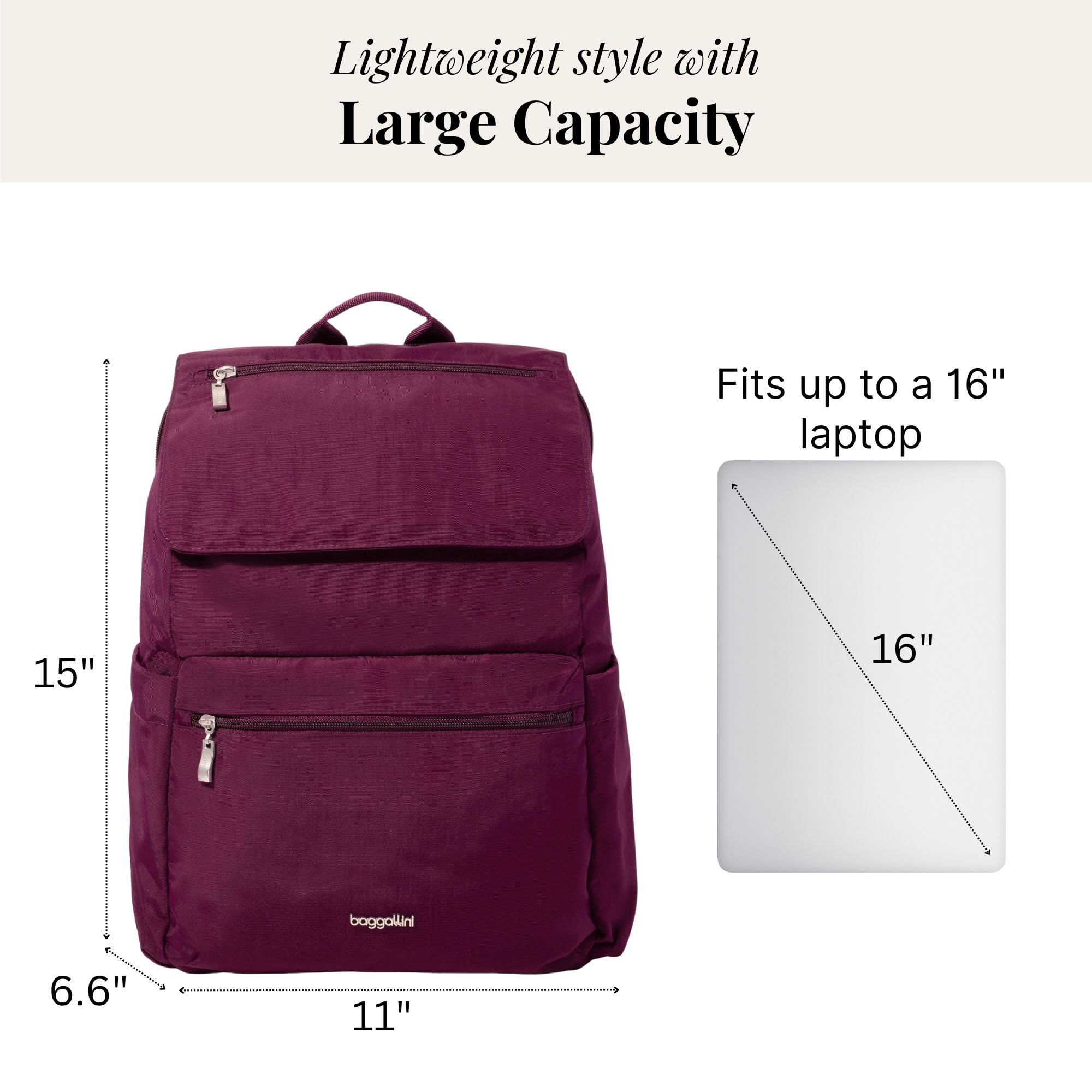 Baggallini Flap Laptop Backpack - 15"x11" Lightweight Work Travel Bag w/Luggage Sleeve & RFID - Image 3