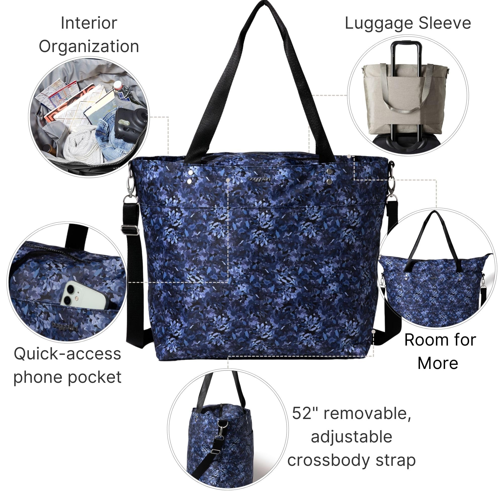 Baggallini Large Carryall Tote - Lightweight Nylon Zipper Top Weekender Travel Beach Bag w/Luggage Sleeve - Image 3