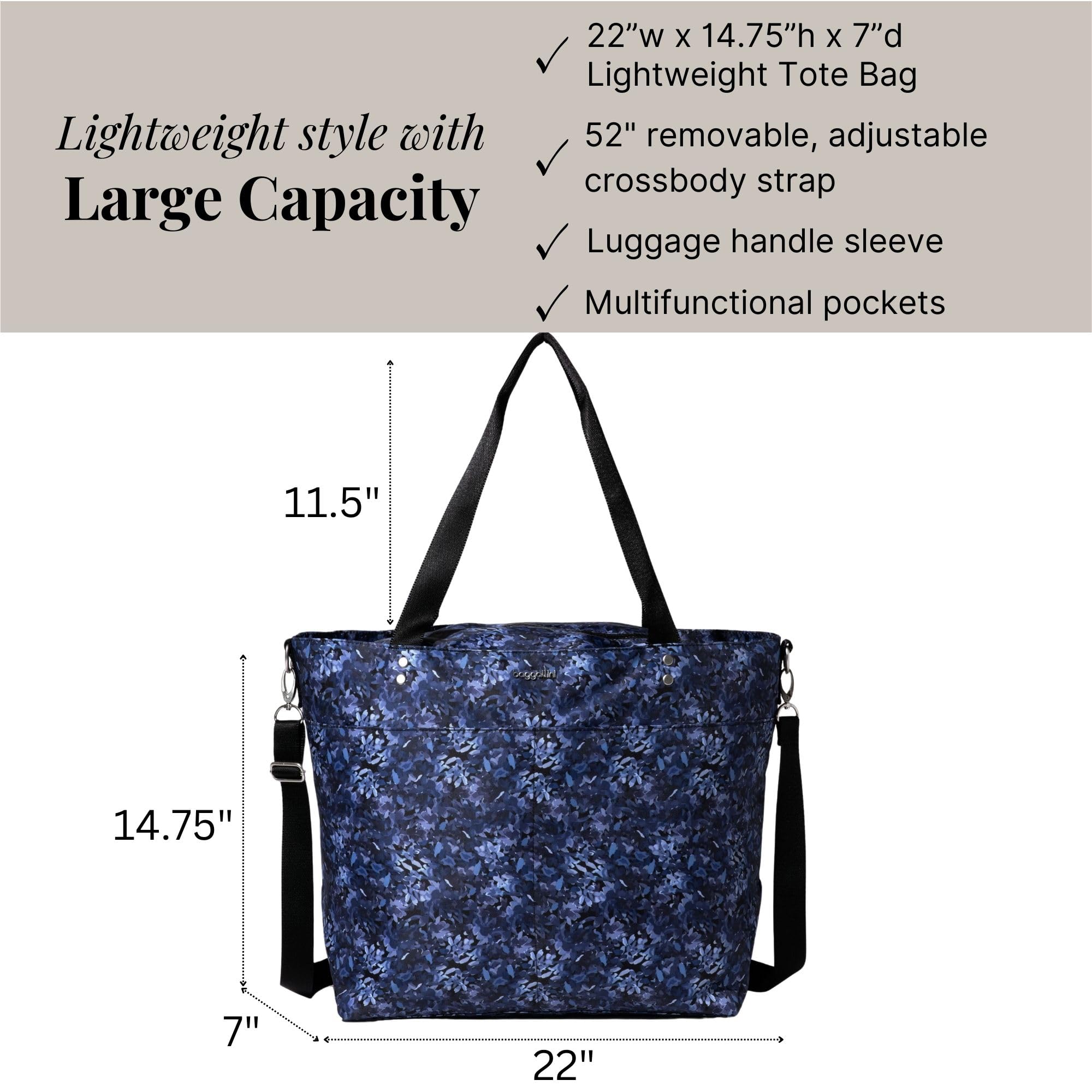 Baggallini Large Carryall Tote - Lightweight Nylon Zipper Top Weekender Travel Beach Bag w/Luggage Sleeve - Image 4