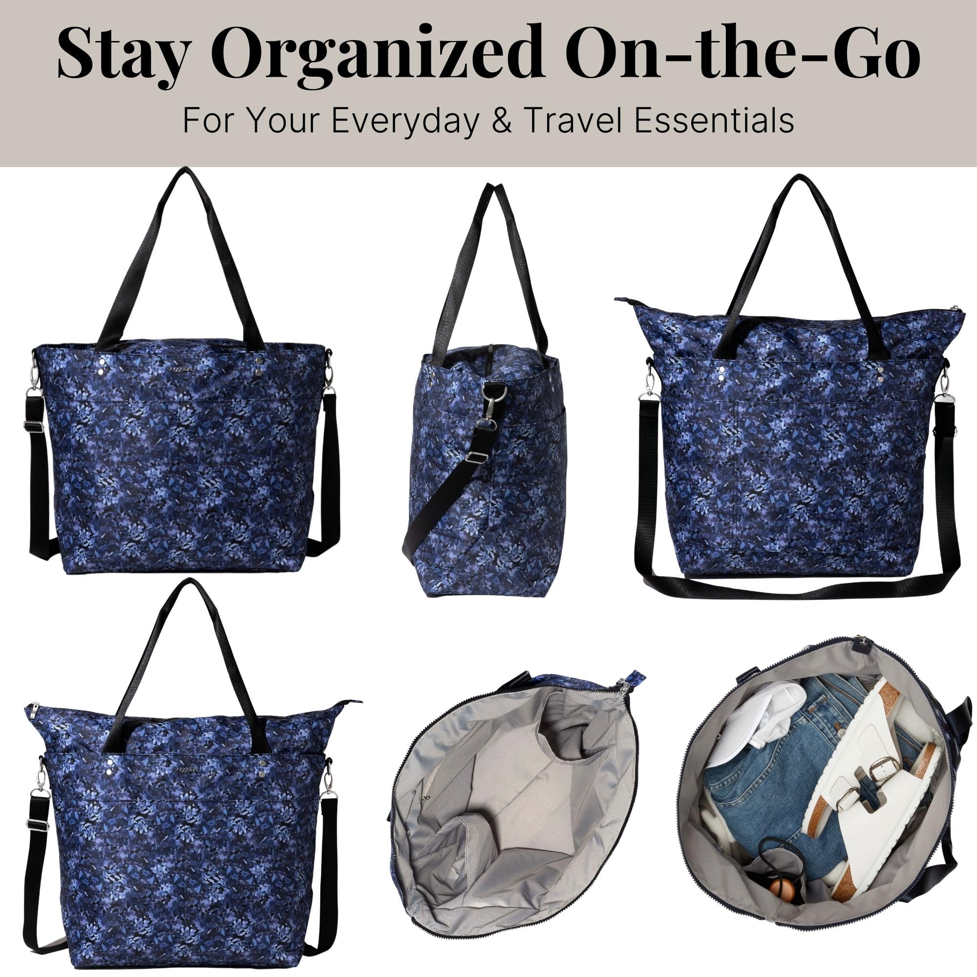 Baggallini Large Carryall Tote - Lightweight Nylon Zipper Top Weekender Travel Beach Bag w/Luggage Sleeve - Image 6
