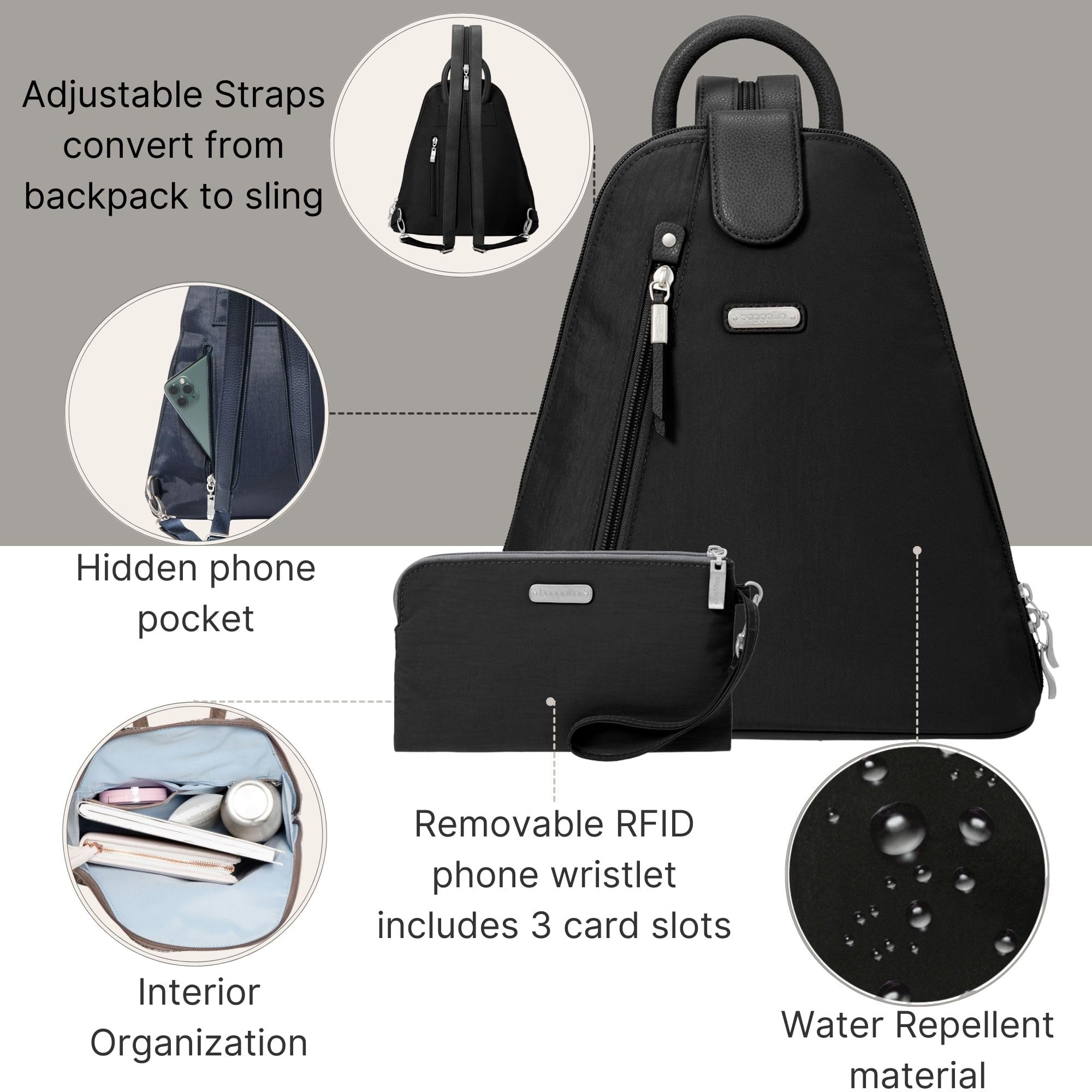 Baggallini Metro Backpack with RFID Phone Wristlet - 9x11 Convertible Sling Bag for Women with Adjustable Shoulder Straps - Image 2