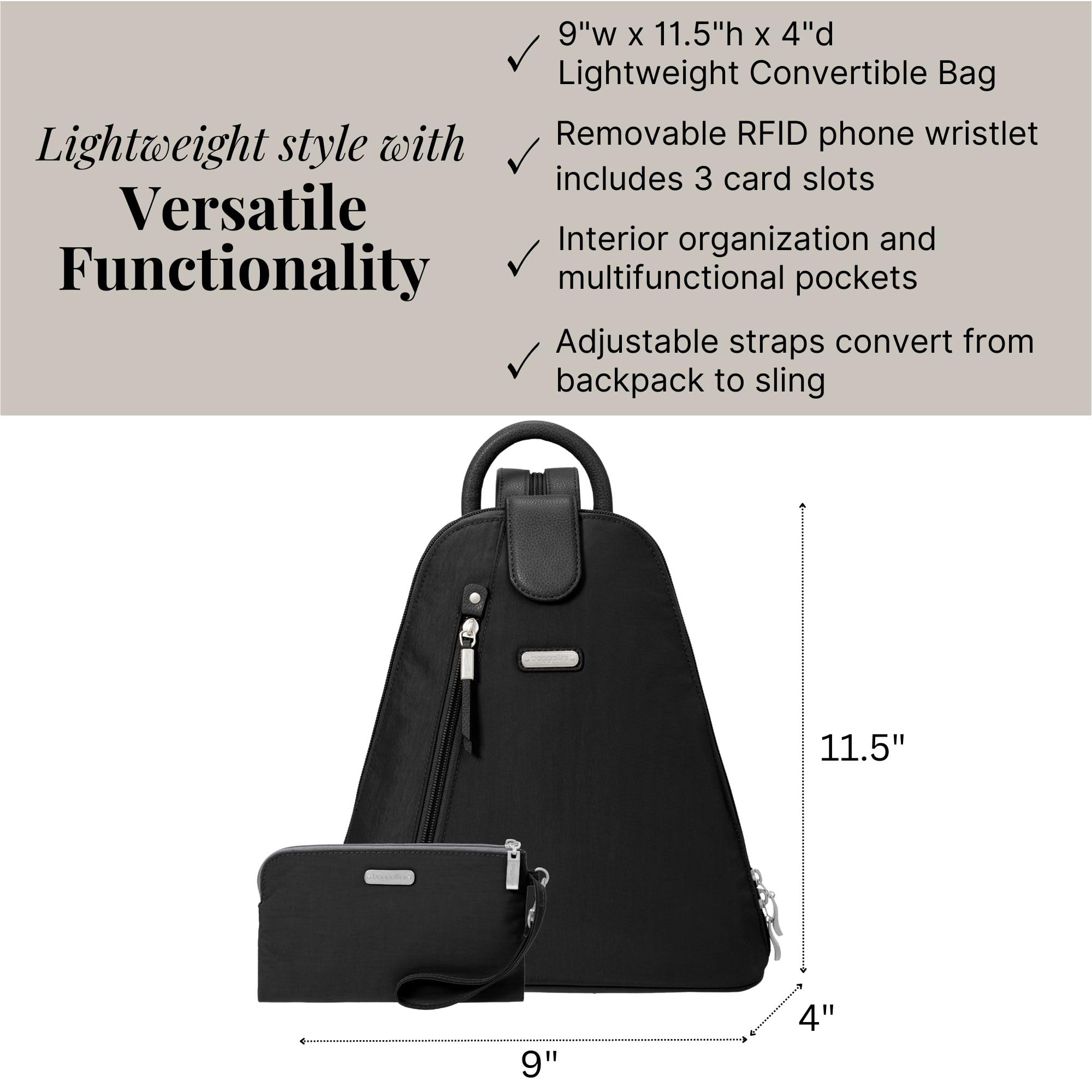 Baggallini Metro Backpack with RFID Phone Wristlet - 9x11 Convertible Sling Bag for Women with Adjustable Shoulder Straps - Image 3
