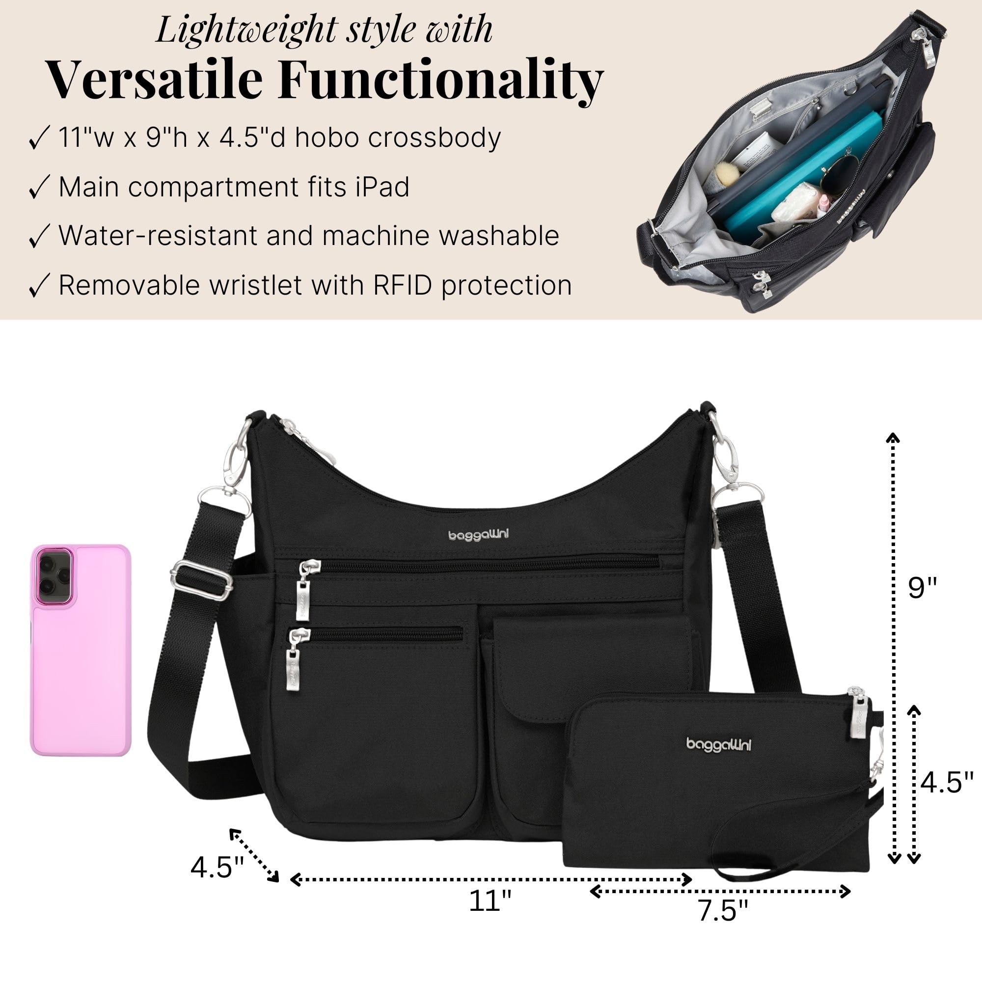 Baggallini Modern Everywhere Crossbody Bag for Women 11x9x4.5 Rfid Hobo Bag - Image 5