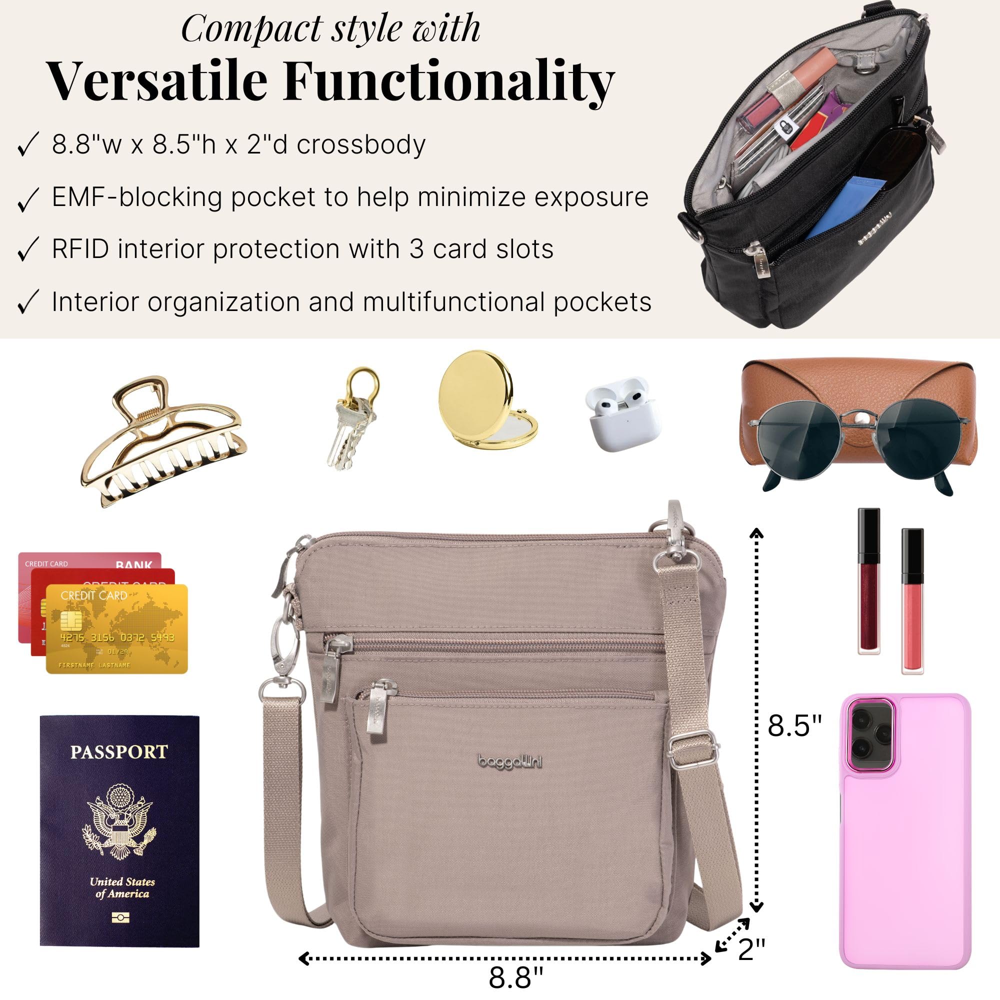 Baggallini Modern Pocket Crossbody Bag w/EMF Blocking Pocket - Lightweight 8.8"x8.5" Handbag Purse with RFID - Image 4