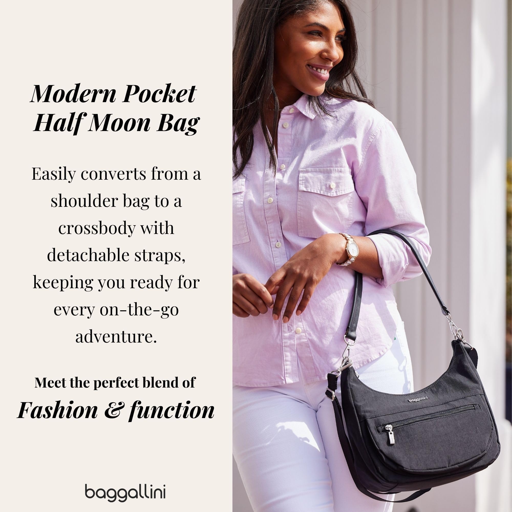 Baggallini Modern Pocket Half Moon 11"x10.5" Shoulder Women W/Replaceable Straps Converts to Crossbody Bag - Image 2