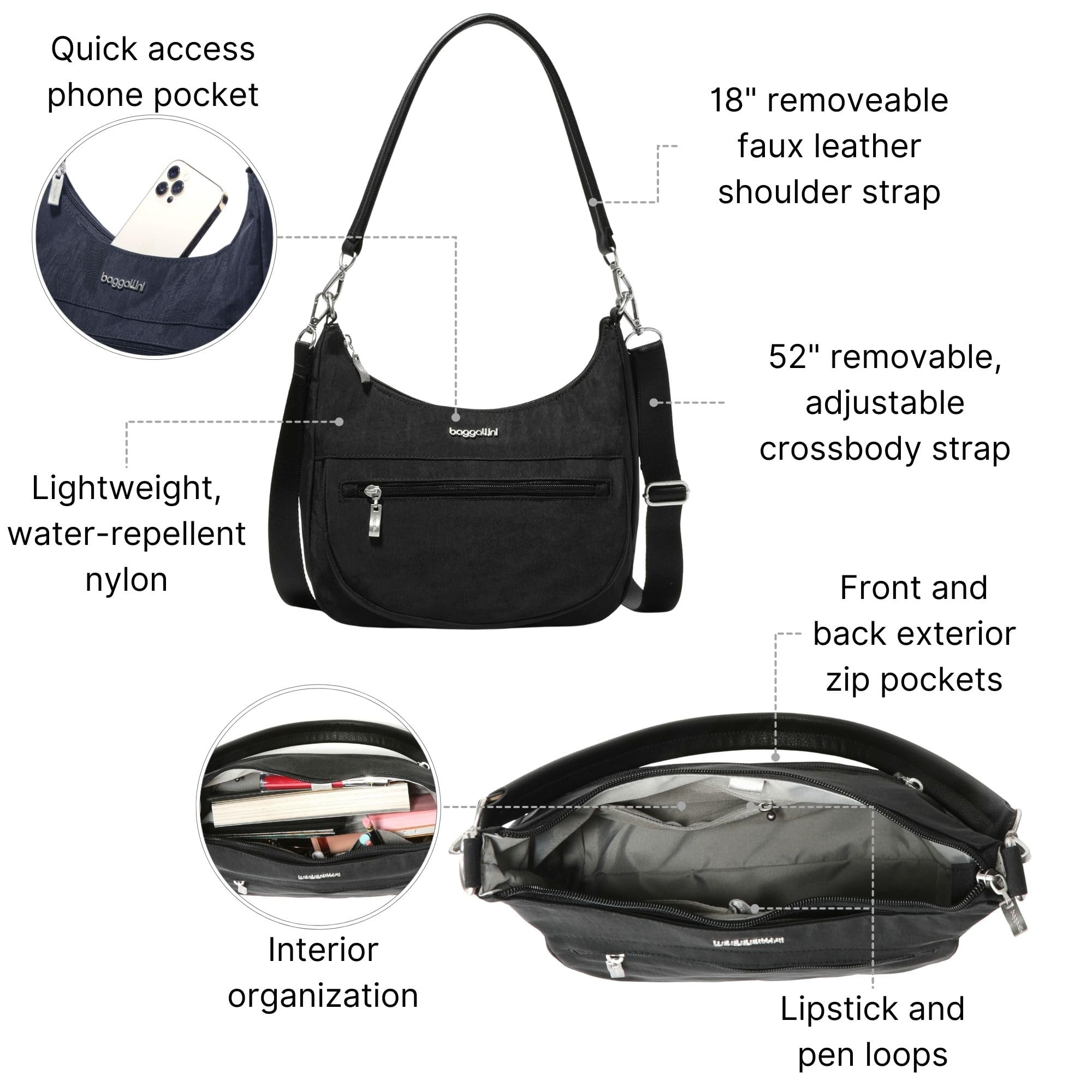Baggallini Modern Pocket Half Moon 11"x10.5" Shoulder Women W/Replaceable Straps Converts to Crossbody Bag - Image 3