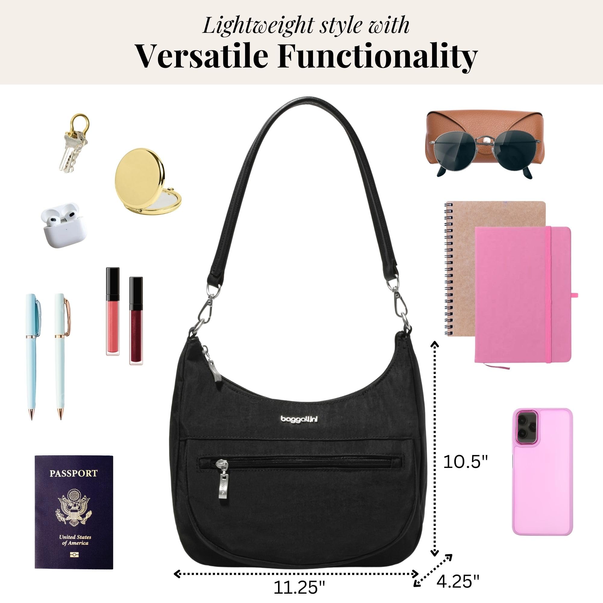 Baggallini Modern Pocket Half Moon 11"x10.5" Shoulder Women W/Replaceable Straps Converts to Crossbody Bag - Image 4