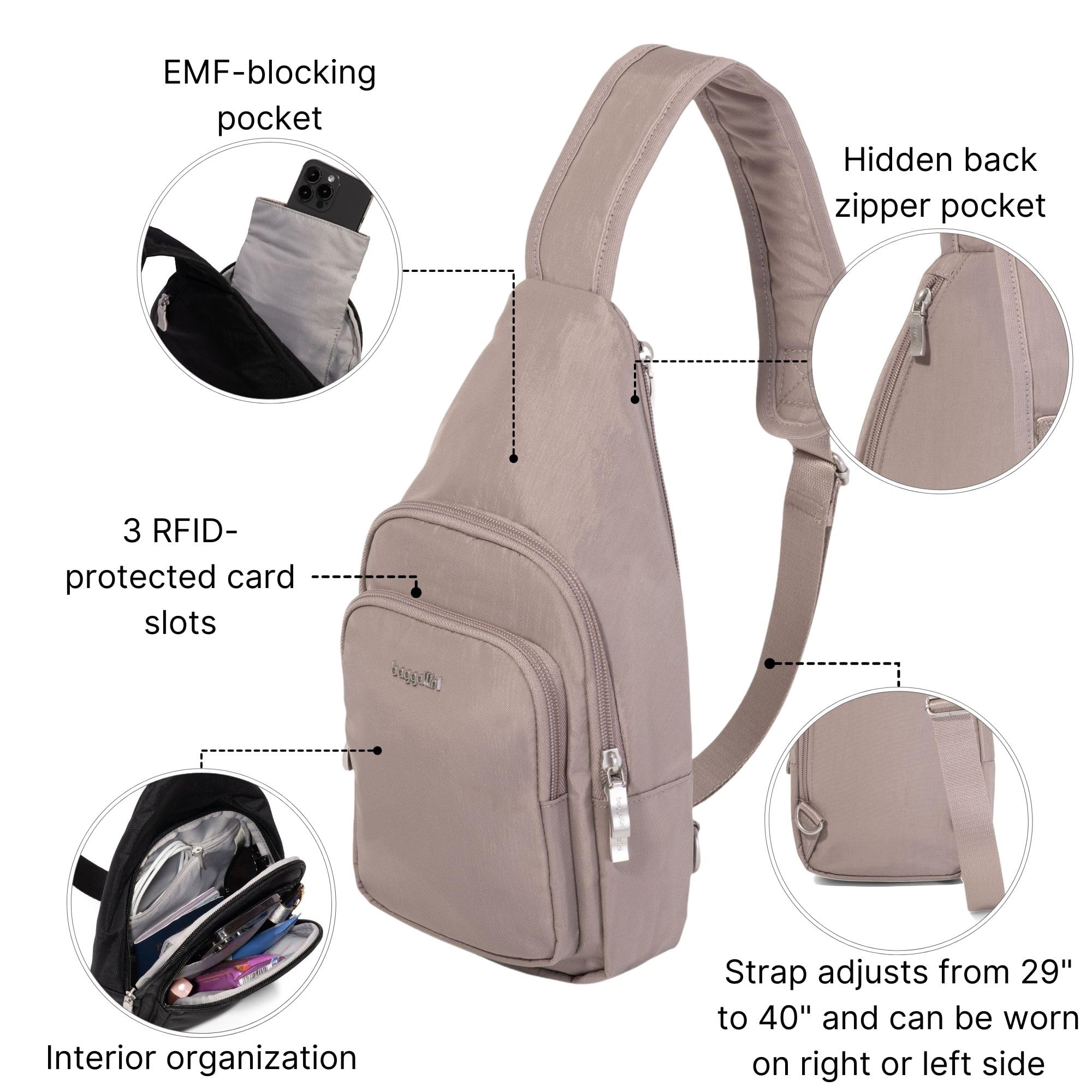Baggallini Modern Sling Bag w/EMF Blocking Pouch - Lightweight 12"x7" Crossbody Sling Backpack w/RFID Protection - Image 3