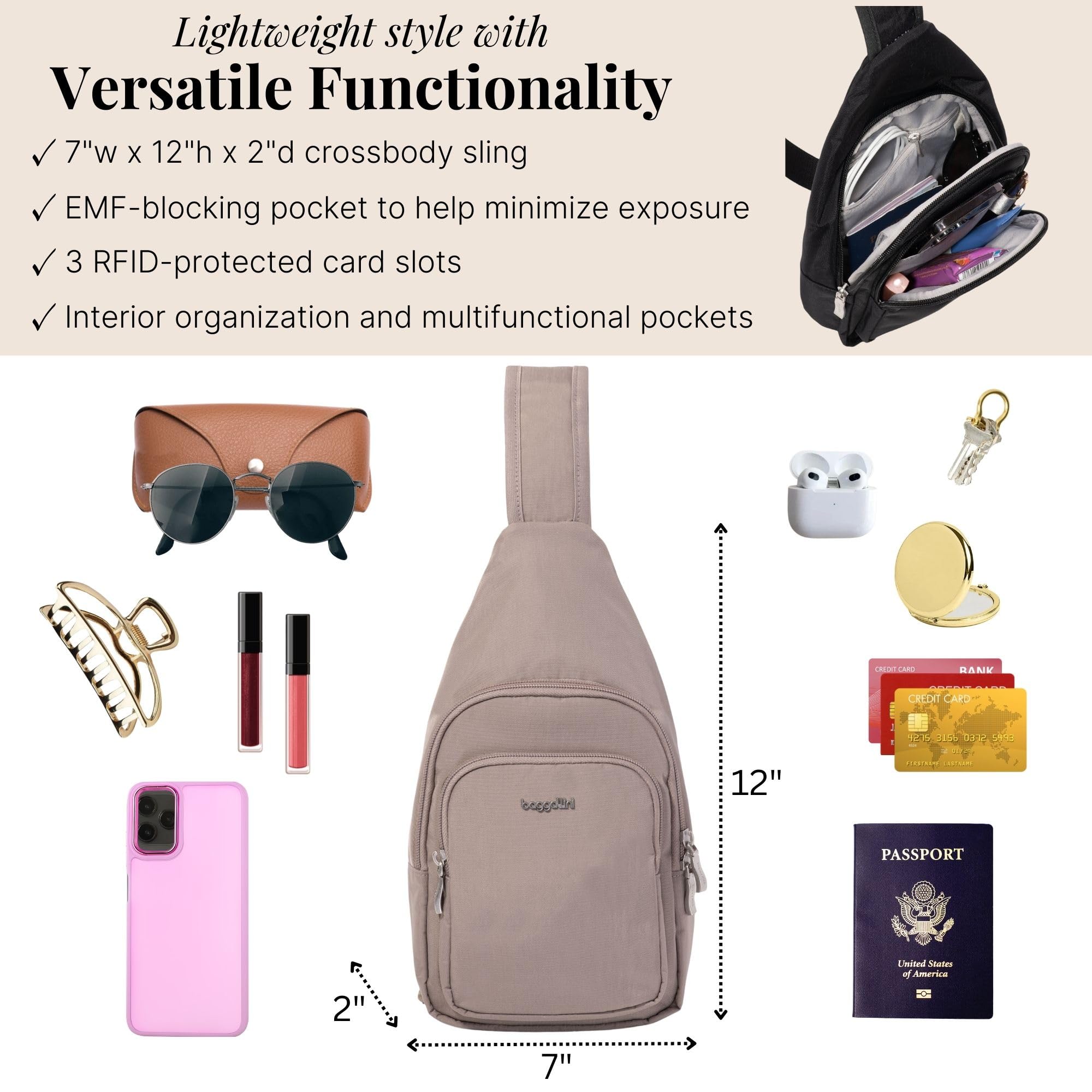 Baggallini Modern Sling Bag w/EMF Blocking Pouch - Lightweight 12"x7" Crossbody Sling Backpack w/RFID Protection - Image 4