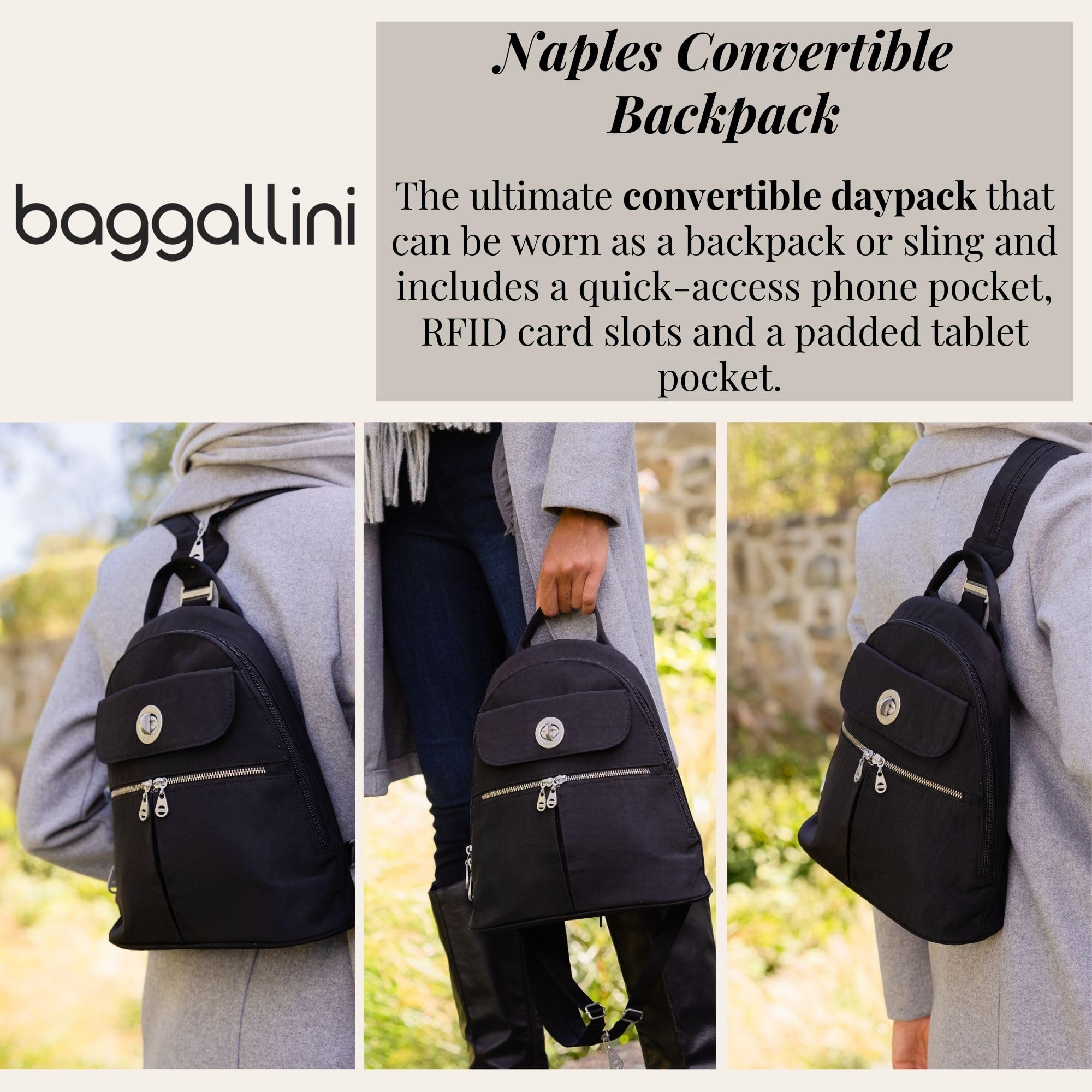 Baggallini Naples Convertible Backpack - Travel Sling Crossbody - 12" Nylon Handbag w/RFID & Padded Tablet Sleeve - Image 2