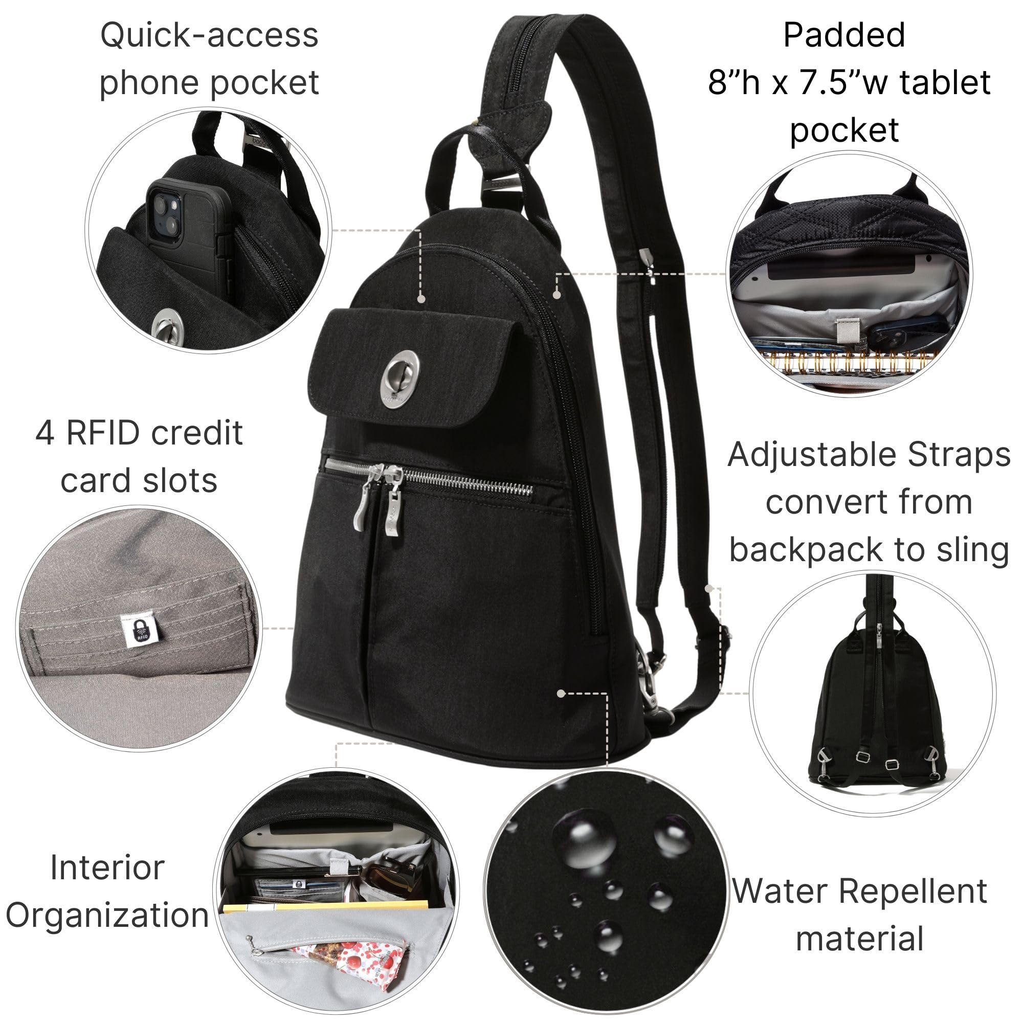 Baggallini Naples Convertible Backpack - Travel Sling Crossbody - 12" Nylon Handbag w/RFID & Padded Tablet Sleeve - Image 3
