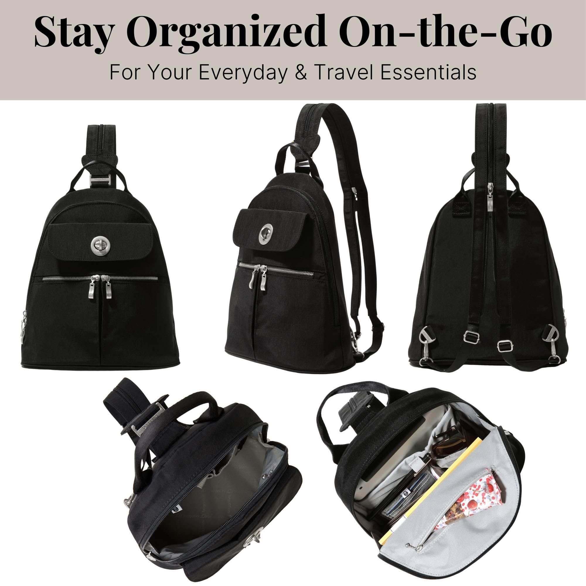 Baggallini Naples Convertible Backpack - Travel Sling Crossbody - 12" Nylon Handbag w/RFID & Padded Tablet Sleeve - Image 6