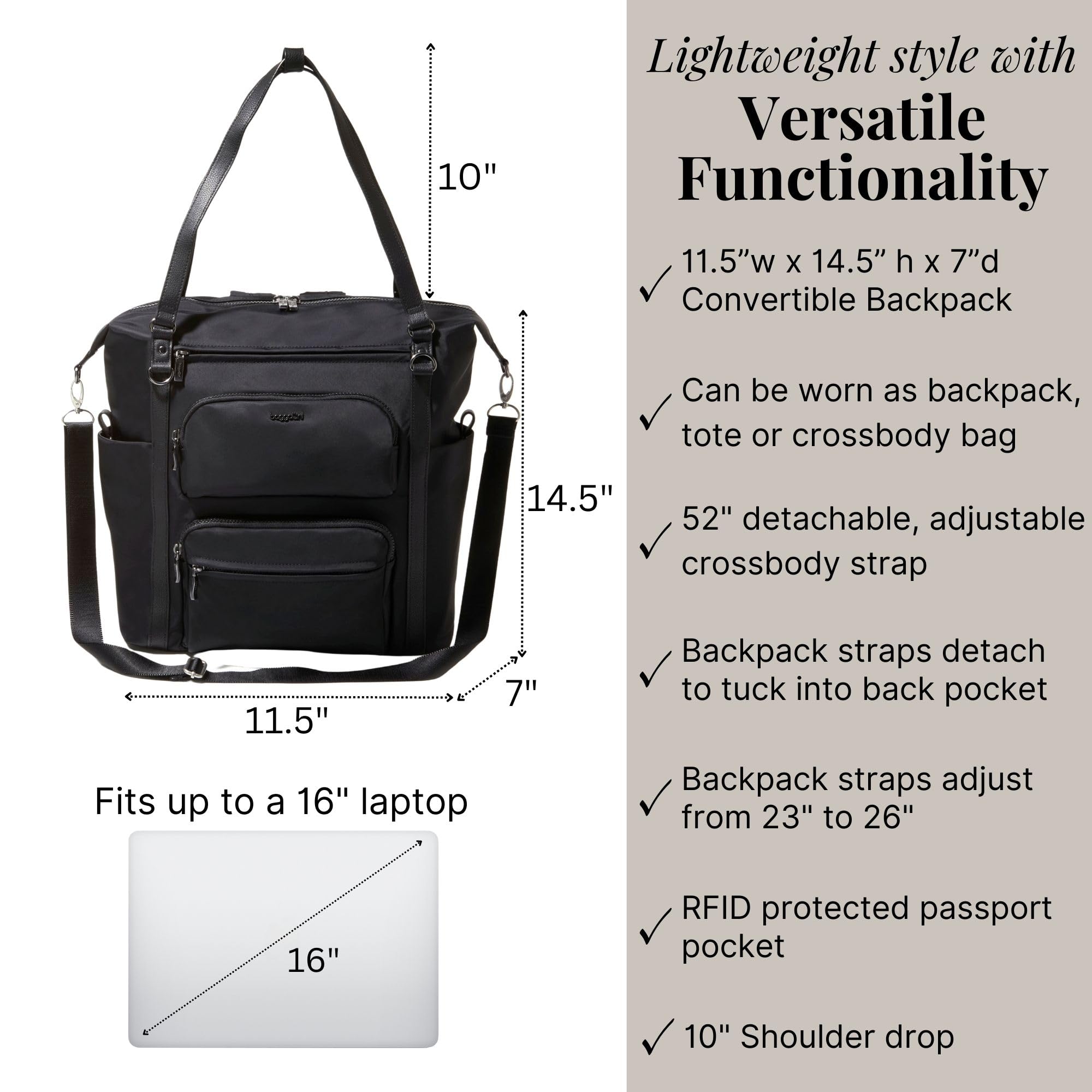 Baggallini Nolita Convertible Backpack - 11x14” Travel Backpack Shoulder Tote Crossbody Bag w/RFID Tech, Luggage Sleeve & Laptop Pocket - Image 3