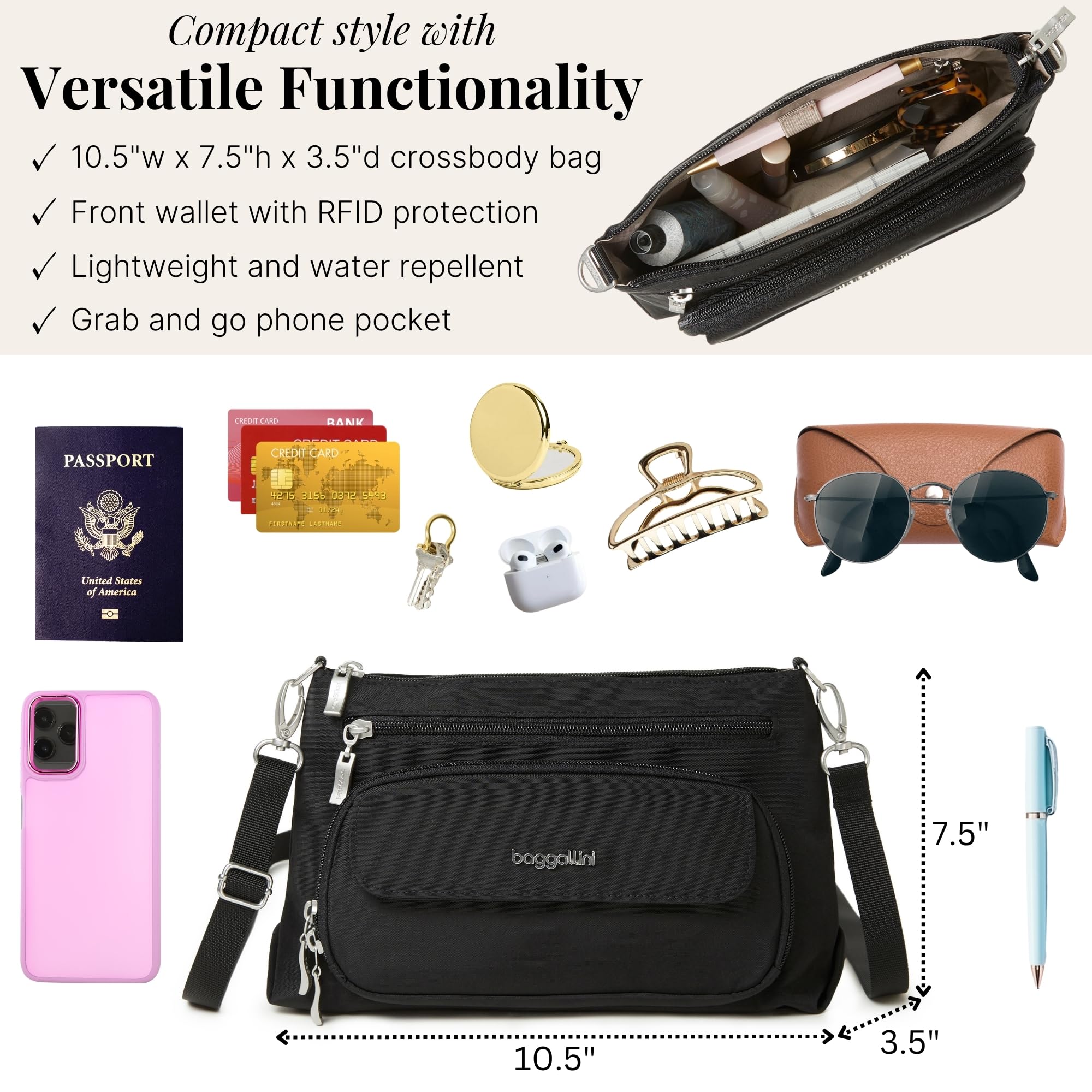 Baggallini Original Everyday 11x7.5 Crossbody Bags Rfid Protected Lightweight Nylon Zippered Travel Purse - Image 5