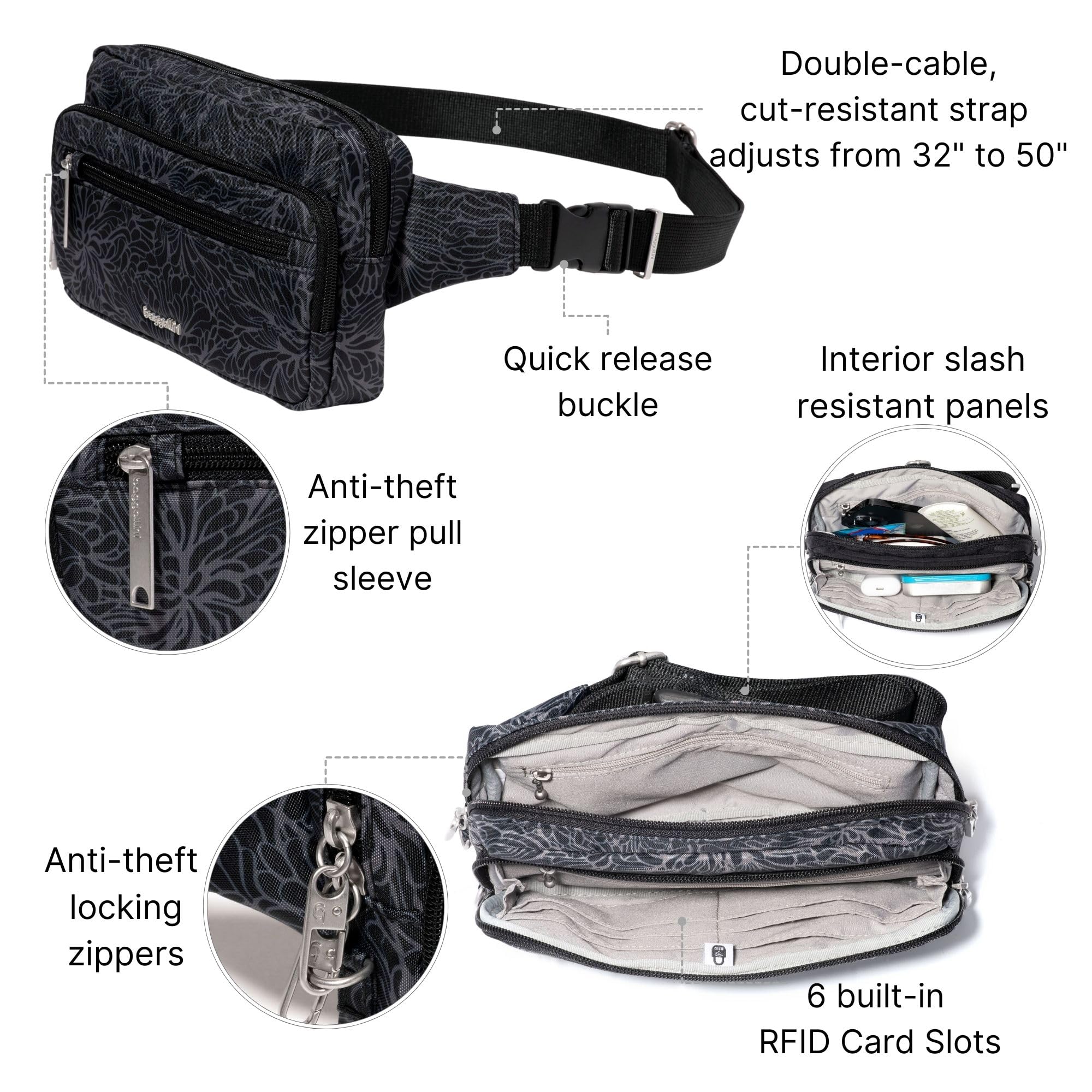 Baggallini Securtex Anti-theft Belt Bag 8.8"x5.5" Crossbody Fanny Pack for Women RFID Wallet Locking Zipper Travel Purse - Image 3