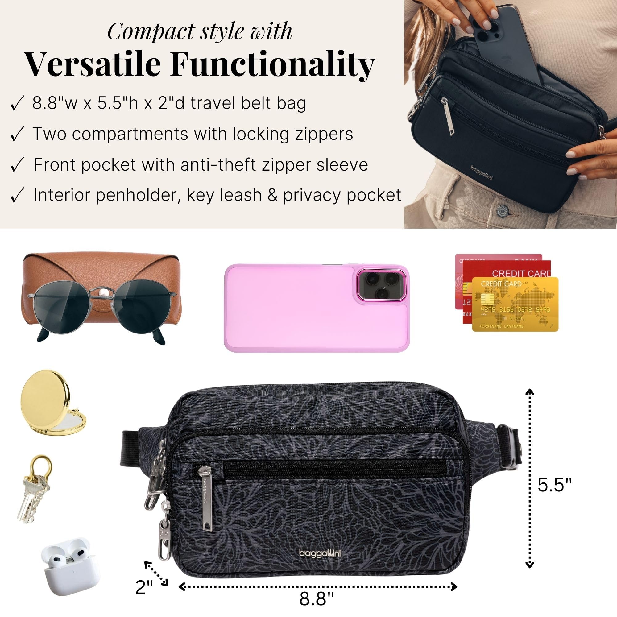 Baggallini Securtex Anti-theft Belt Bag 8.8"x5.5" Crossbody Fanny Pack for Women RFID Wallet Locking Zipper Travel Purse - Image 4