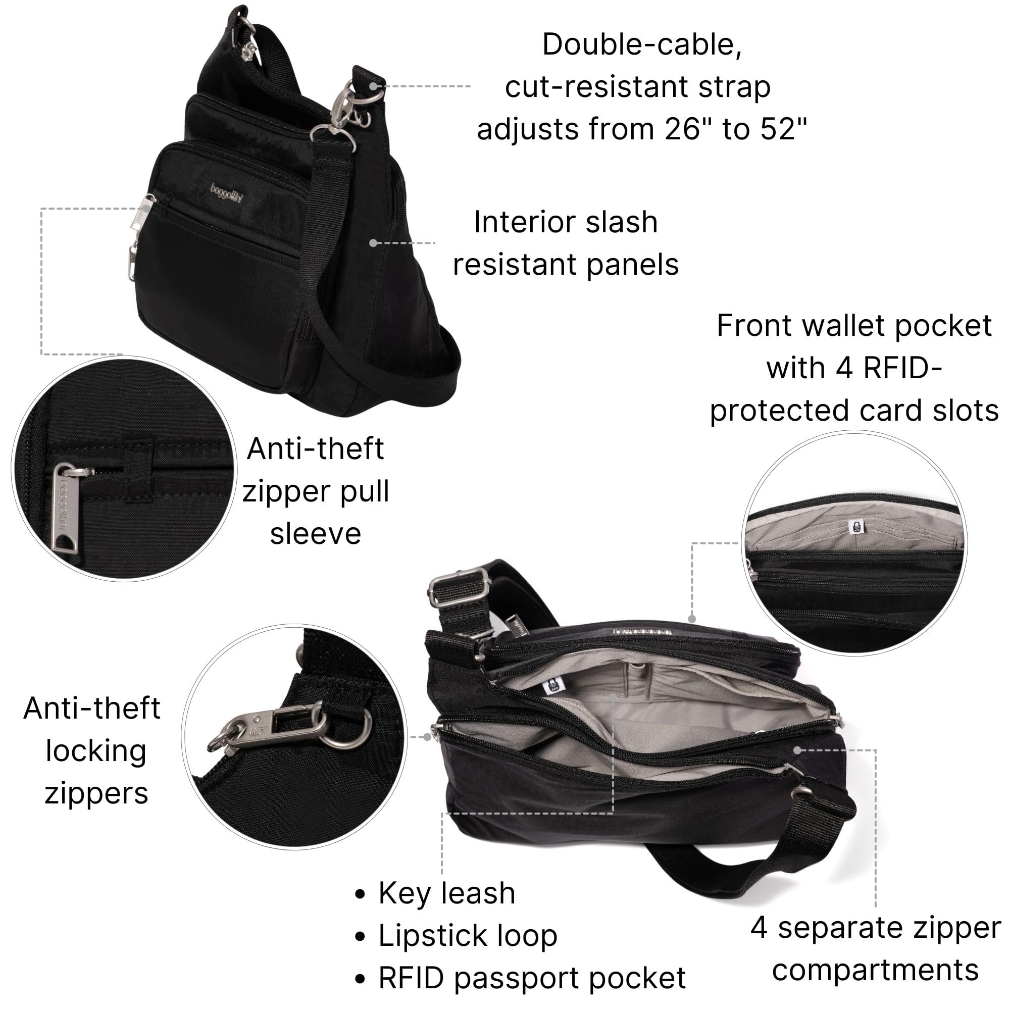 Baggallini Securtex Anti-theft Crossover Crossbody Bag 11”w X 8.5”h, Rfid, Built-in Wallet, Locking Zippers - Image 3