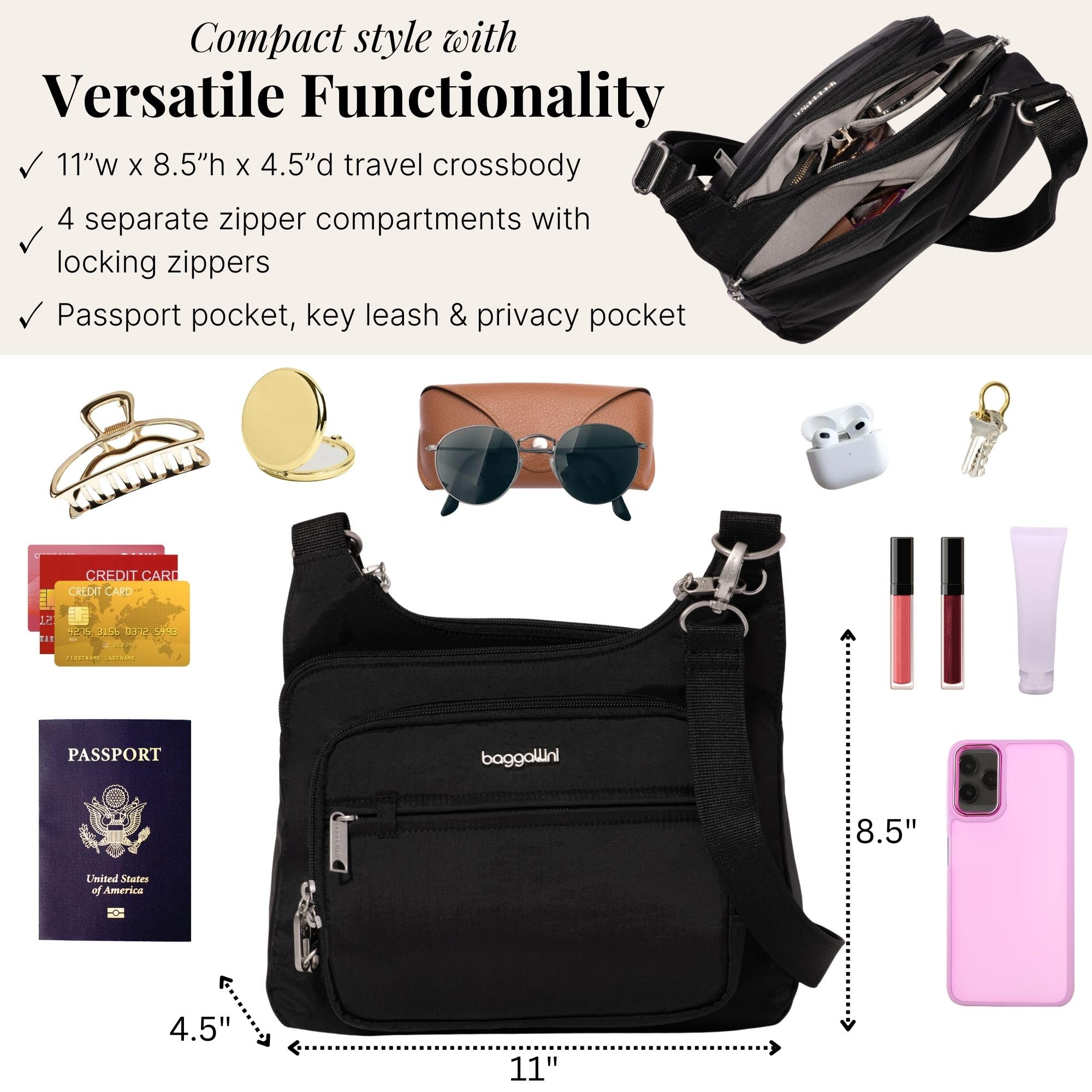Baggallini Securtex Anti-theft Crossover Crossbody Bag 11”w X 8.5”h, Rfid, Built-in Wallet, Locking Zippers - Image 4
