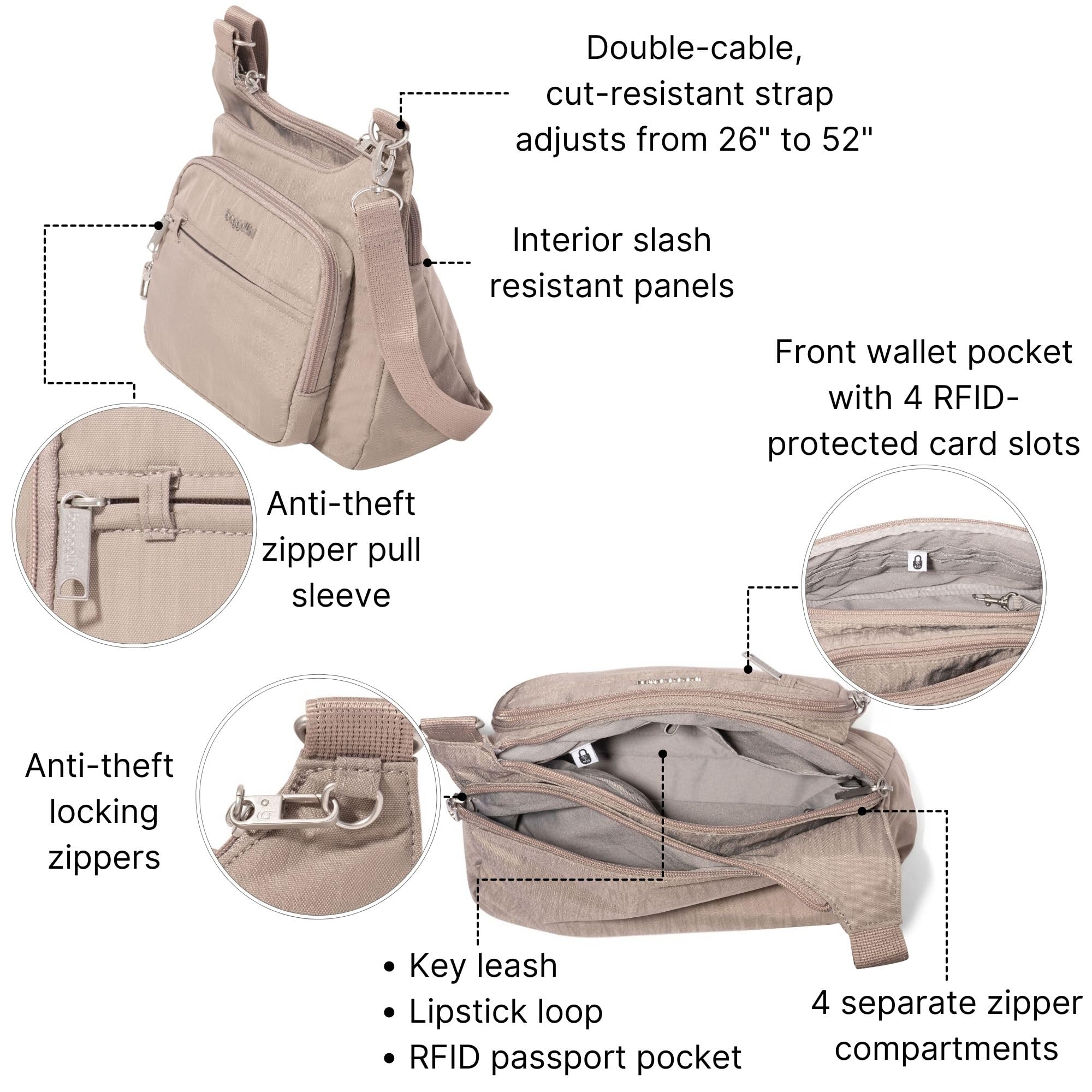 Baggallini Securtex® Anti-Theft Crossover Crossbody Bag for Travel 11”W x 8.5”H, RFID, Built-in Wallet, Locking Zippers - Image 3