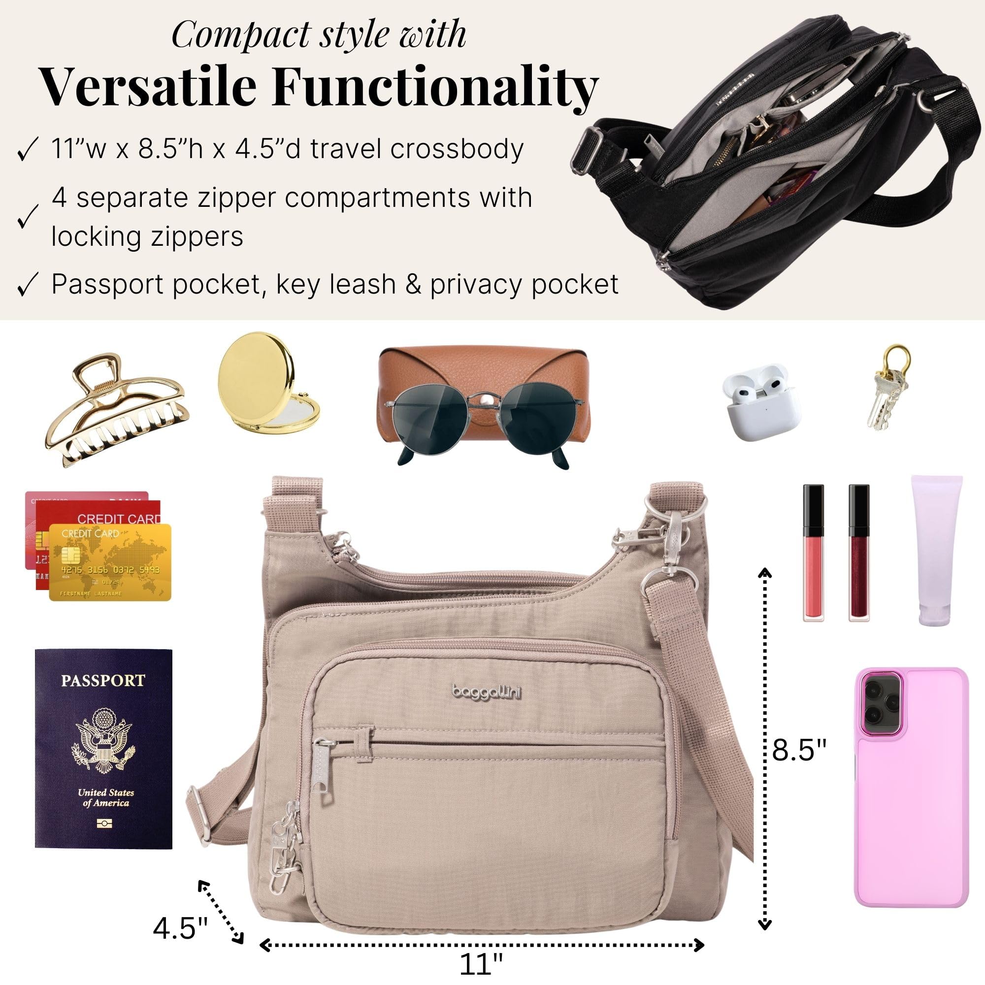 Baggallini Securtex® Anti-Theft Crossover Crossbody Bag for Travel 11”W x 8.5”H, RFID, Built-in Wallet, Locking Zippers - Image 4