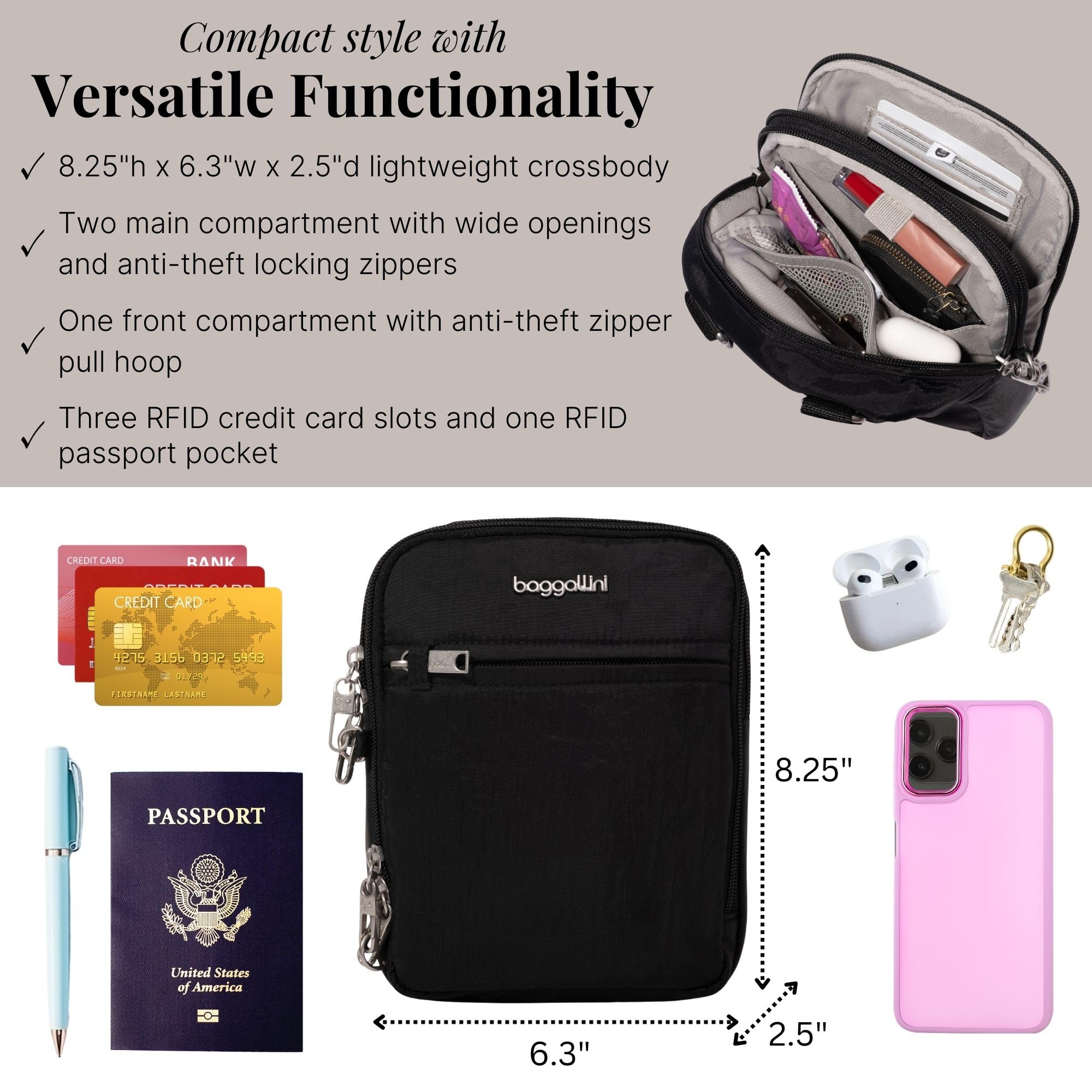 Baggallini Securtex® Anti-theft Mini Everything Crossbody Bag, 6.3"x8.25" Rfid, Locking Zippers & Cut-resistant Strap - Image 4
