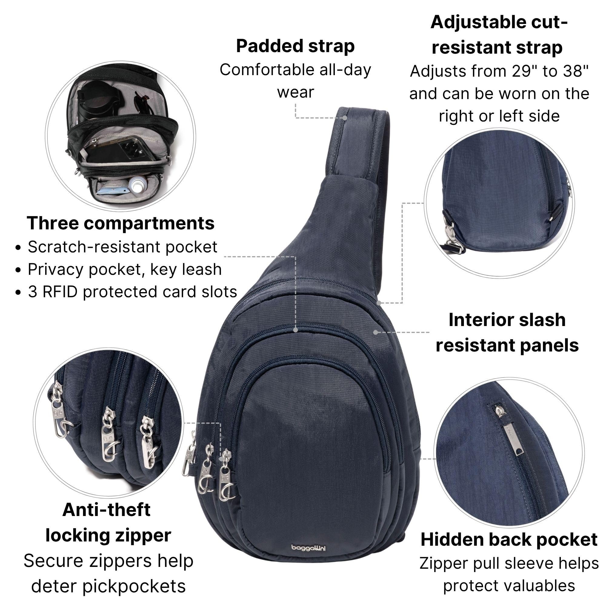 Baggallini Securtex® Anti-Theft Multi Zip Sling - Lightweight 8.6"x15.2" Travel Bag with Locking Zippers & RFID Protection - Image 3