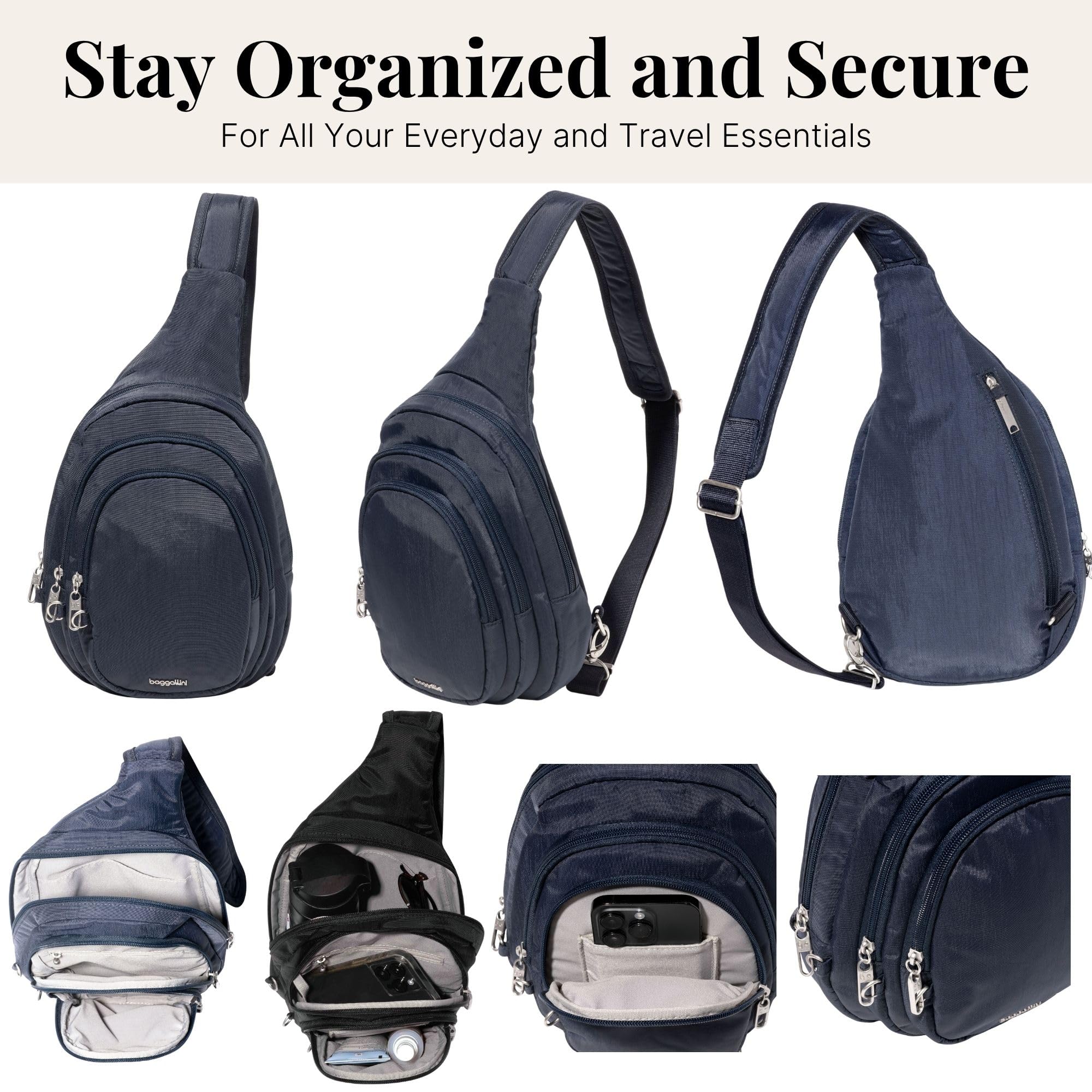 Baggallini Securtex® Anti-Theft Multi Zip Sling - Lightweight 8.6"x15.2" Travel Bag with Locking Zippers & RFID Protection - Image 6