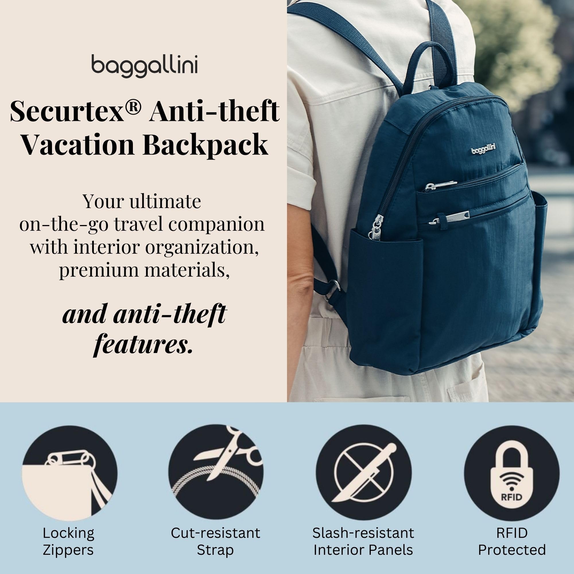 Baggallini Securtex® Anti-theft Vacation Travel Backpack 10x13 Slash-Resistant Nylon Daypack w/RFID, Black - Image 2