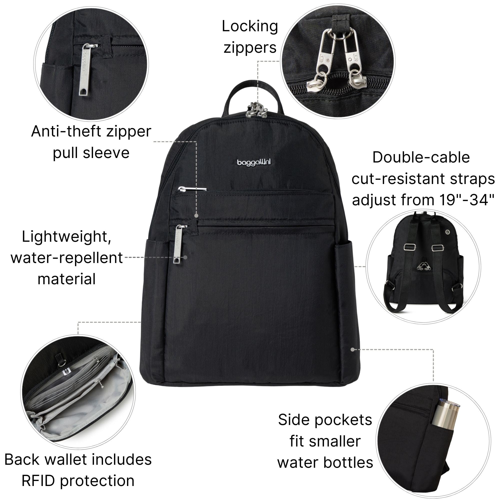 Baggallini Securtex® Anti-theft Vacation Travel Backpack 10x13 Slash-Resistant Nylon Daypack w/RFID, Black - Image 3