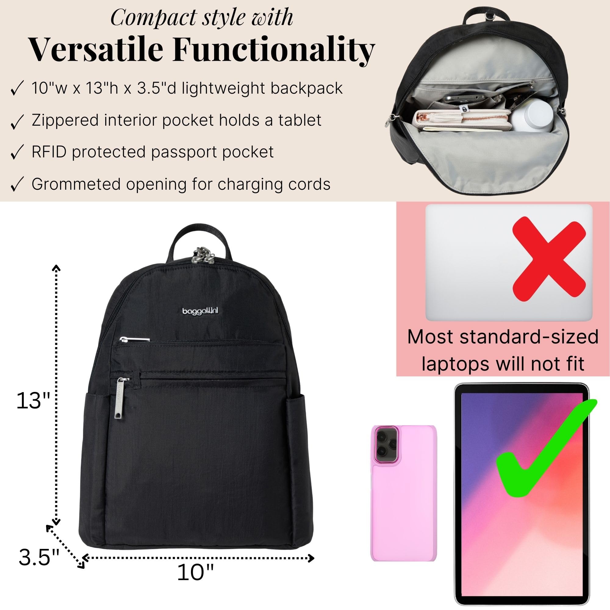 Baggallini Securtex® Anti-theft Vacation Travel Backpack 10x13 Slash-Resistant Nylon Daypack w/RFID, Black - Image 4