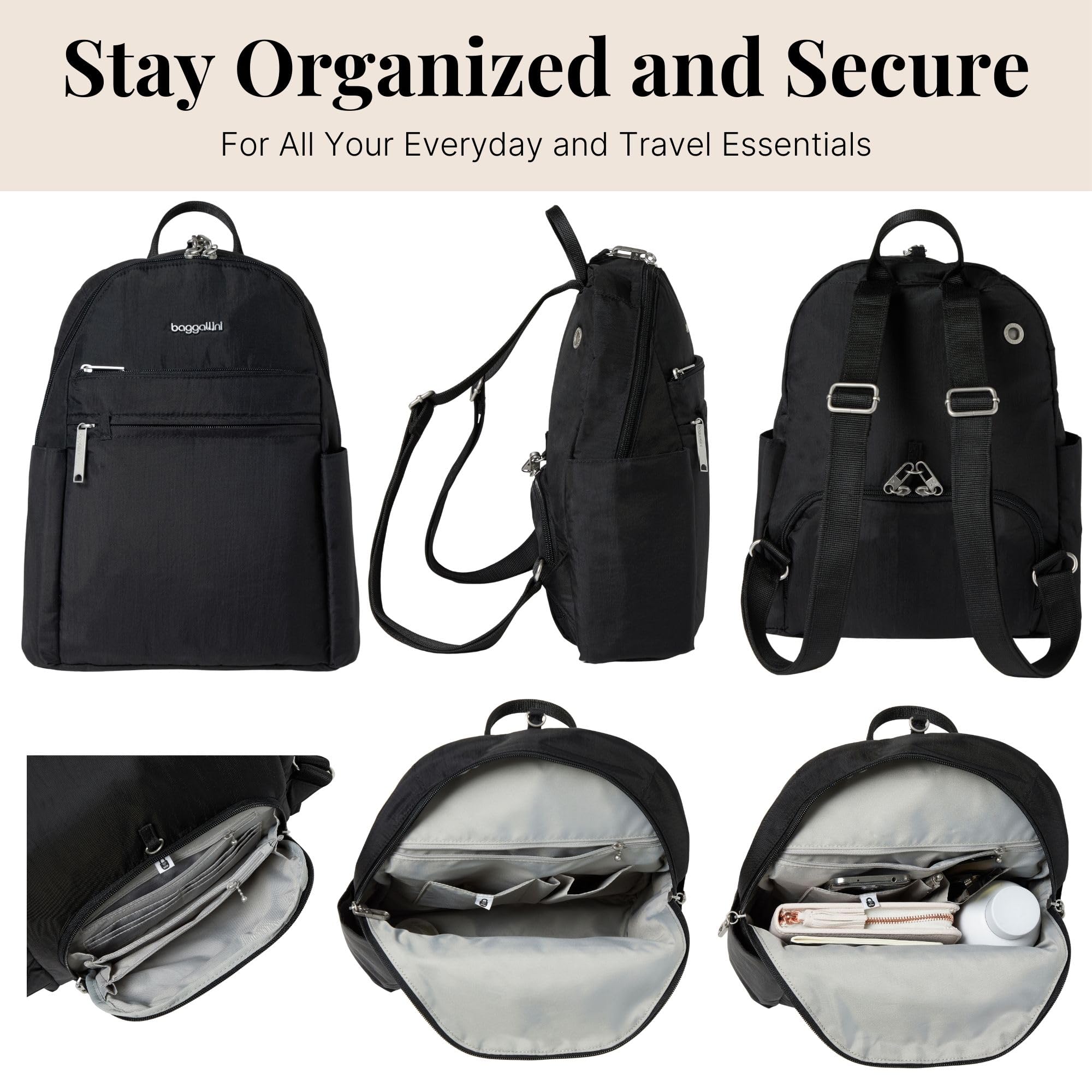 Baggallini Securtex® Anti-theft Vacation Travel Backpack 10x13 Slash-Resistant Nylon Daypack w/RFID, Black - Image 6