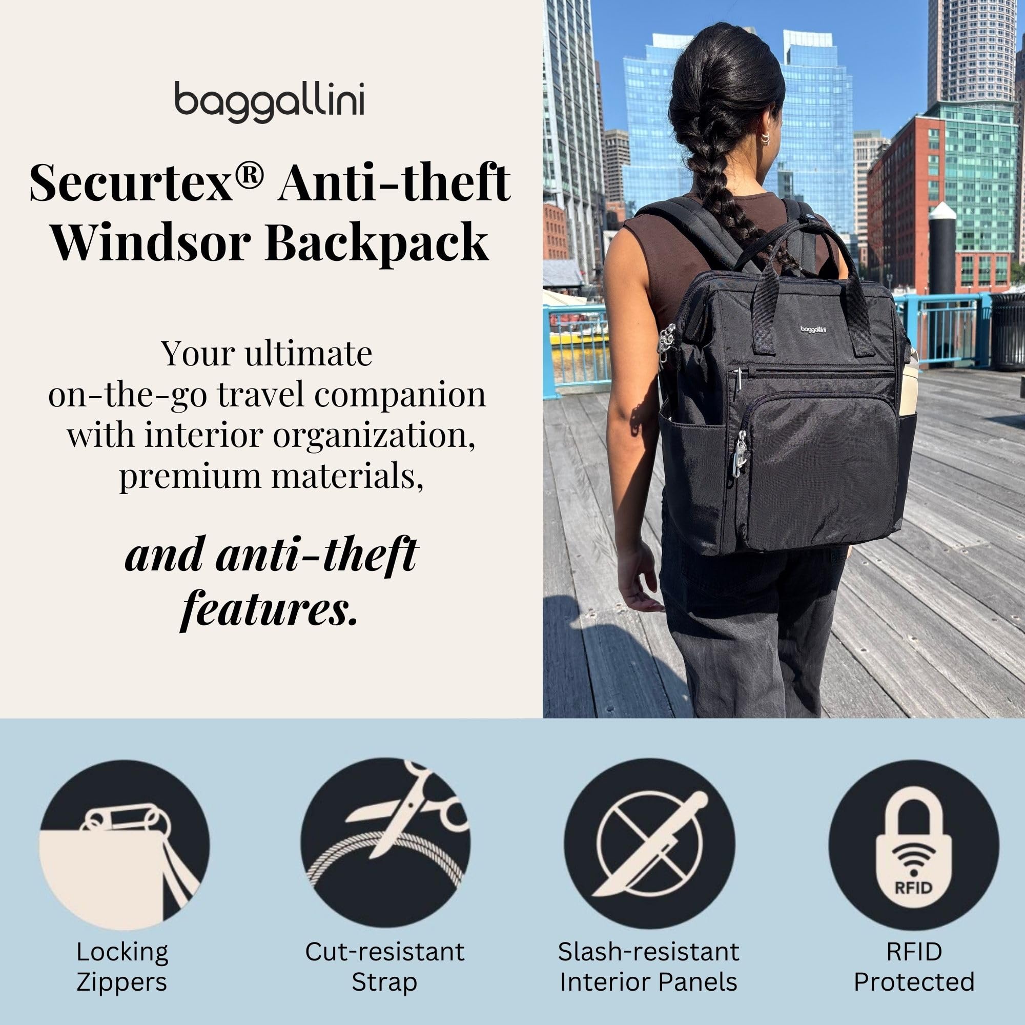 Baggallini Securtex Anti-Theft Windsor Backpack for Travel, Work & College, RFID & Locking Zipper, Up to 16" Laptop - Image 2
