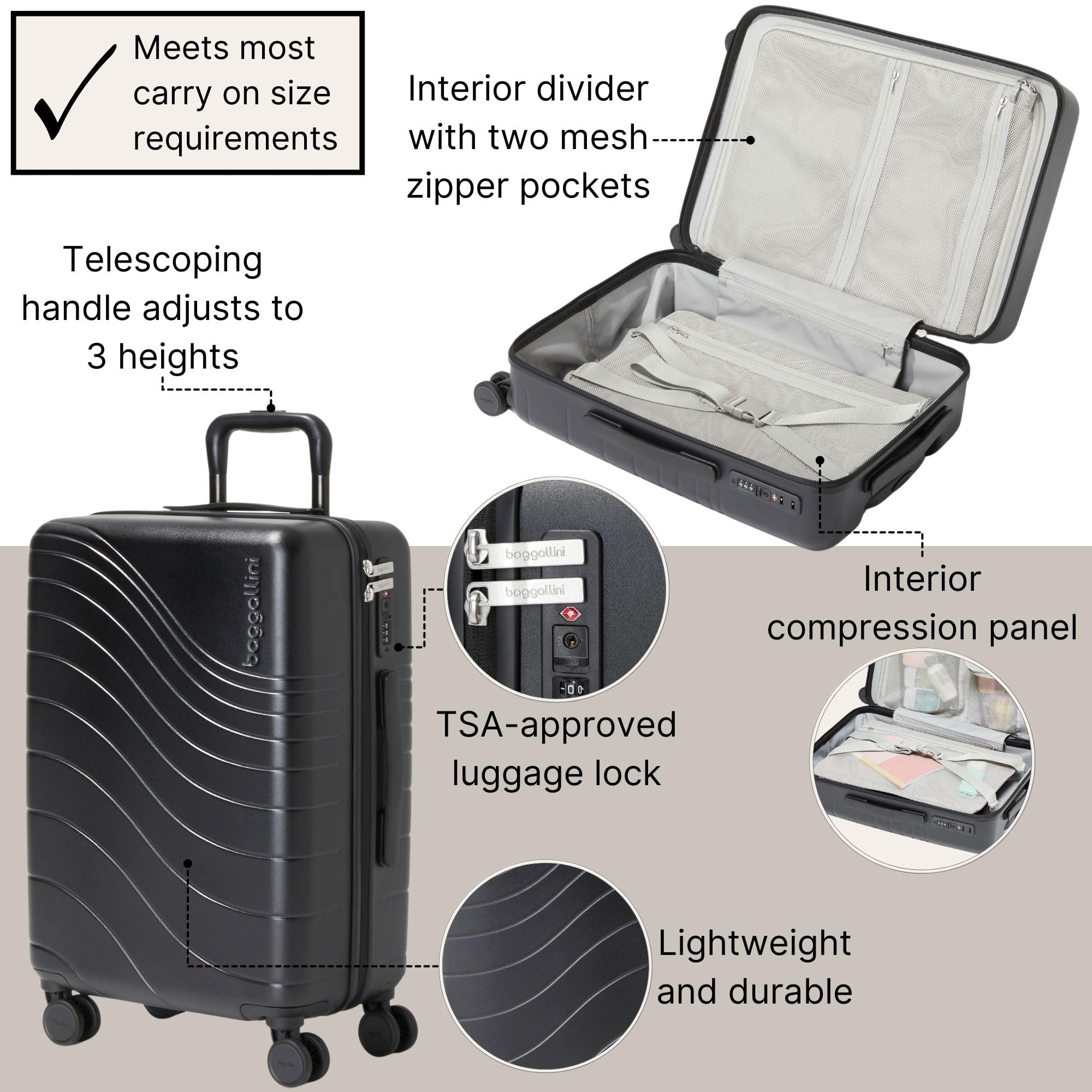 Baggallini Set Wave 22” 4 Wheel Hardside Carry-On Luggage - Lightweight Carry On Suitcase with Wheels - Image 3