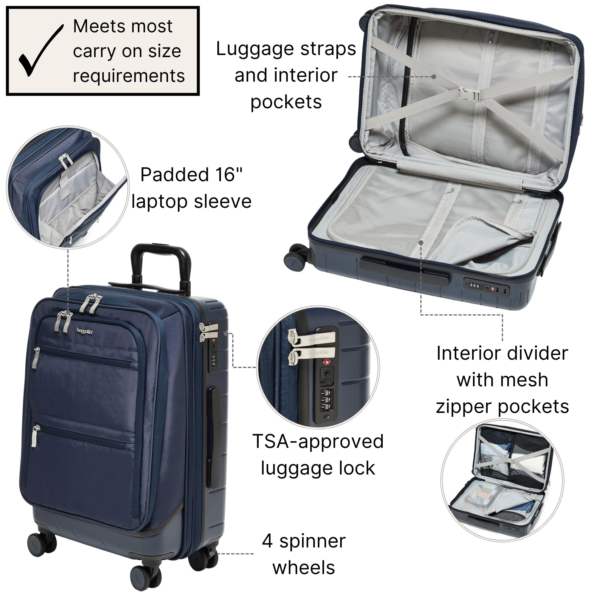 Baggallini Set Wave 22” 4 Wheel Hybrid Carry-On Luggage - Lightweight Carry On Suitcase with Wheels - Image 3