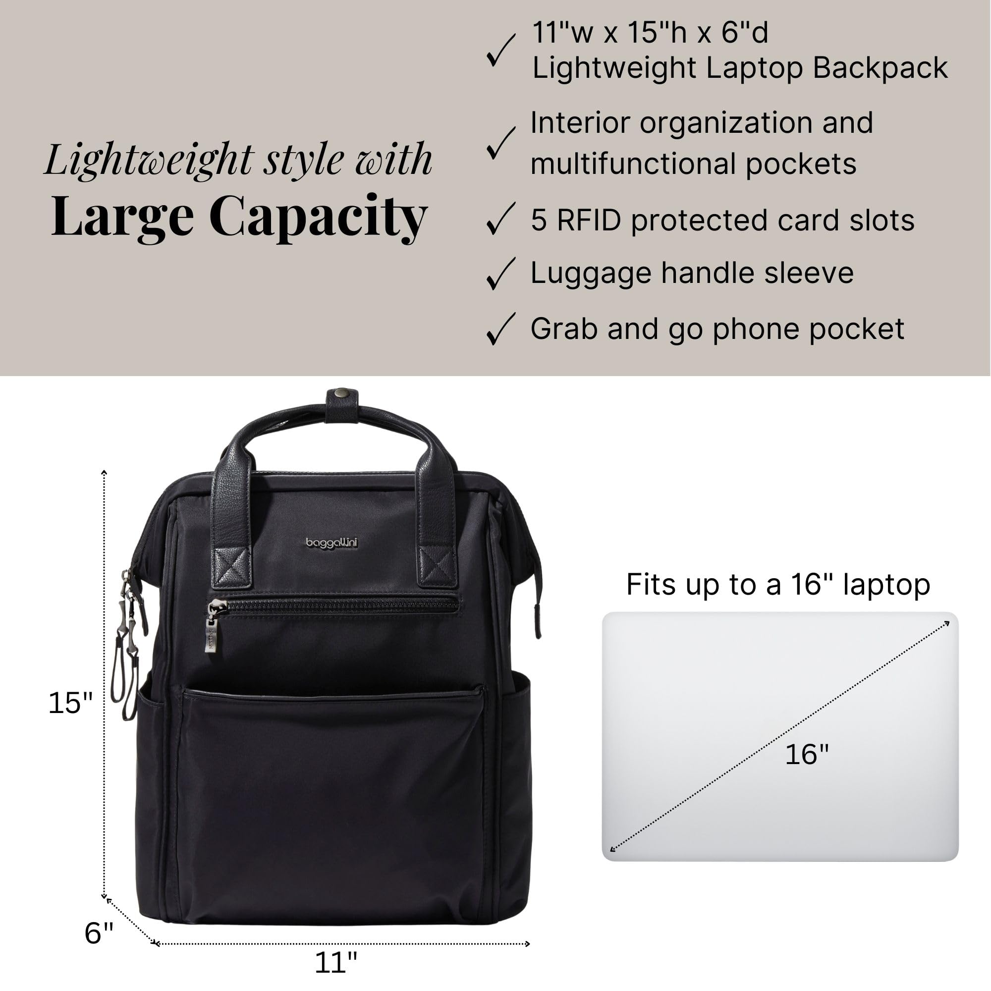 Baggallini Soho Backpack - Travel Laptop Backpack for Women - Lightweight Water-Resistant Luggage Bag, Black - Image 4