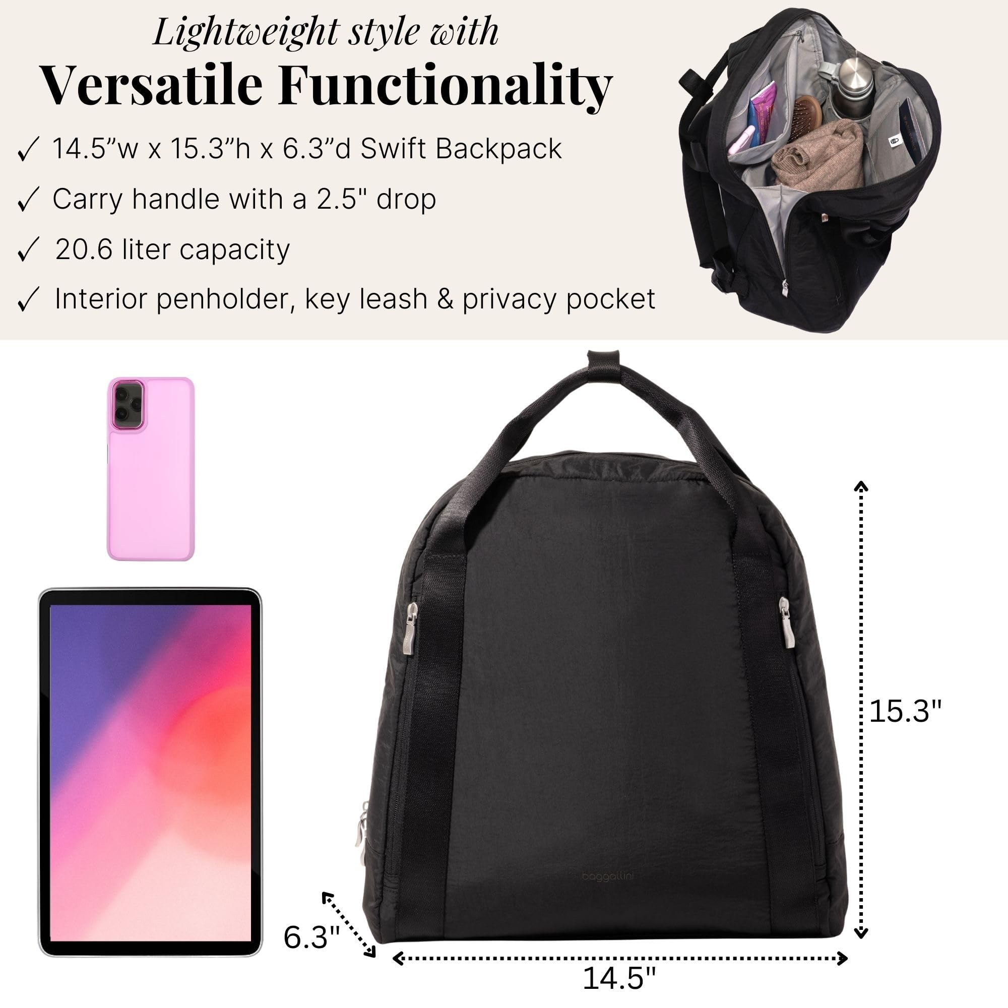 Baggallini Swift Backpack - Lightweight 4.5”x15.3”x6.3” Travel Backpack with RFID Pocket, Luggage Sleeve and Padded Straps - Image 3