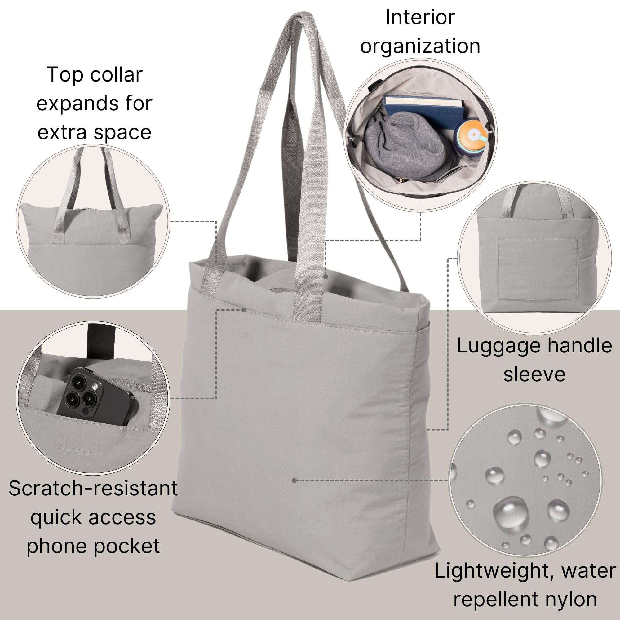 Baggallini Swift Tote Bag for Women - Lightweight 12x16 Nylon Zipped Travel Carry On Bag w/Luggage Sleeve - Image 3