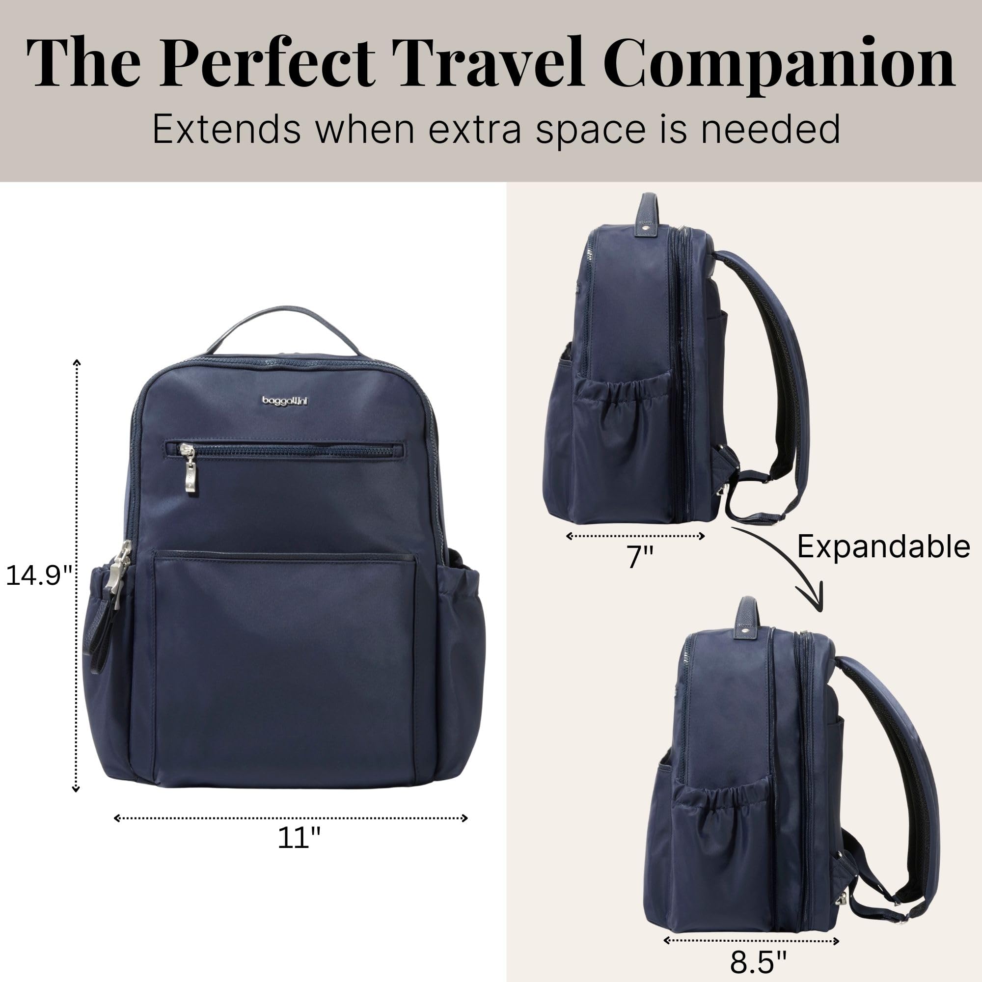 Baggallini Tribeca Expandable Laptop Backpack - 15"x11" Lightweight RFID Computer Bag for Work & Travel with Luggage Sleeve - Image 6